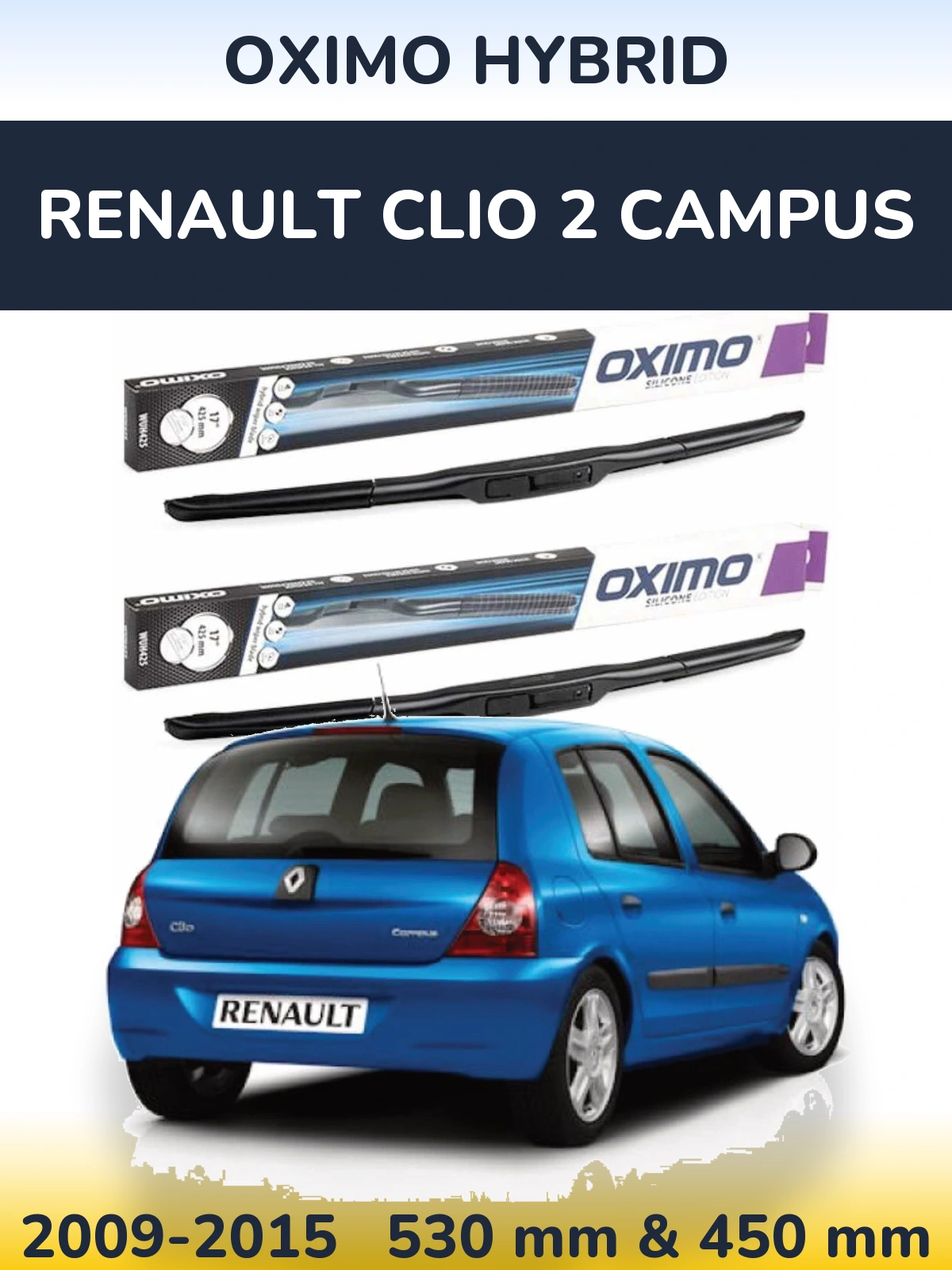 Sada předních stěračů Oximo Hybrid 530 a 450 mm pro Renault Clio 2 Campus 2009-2015