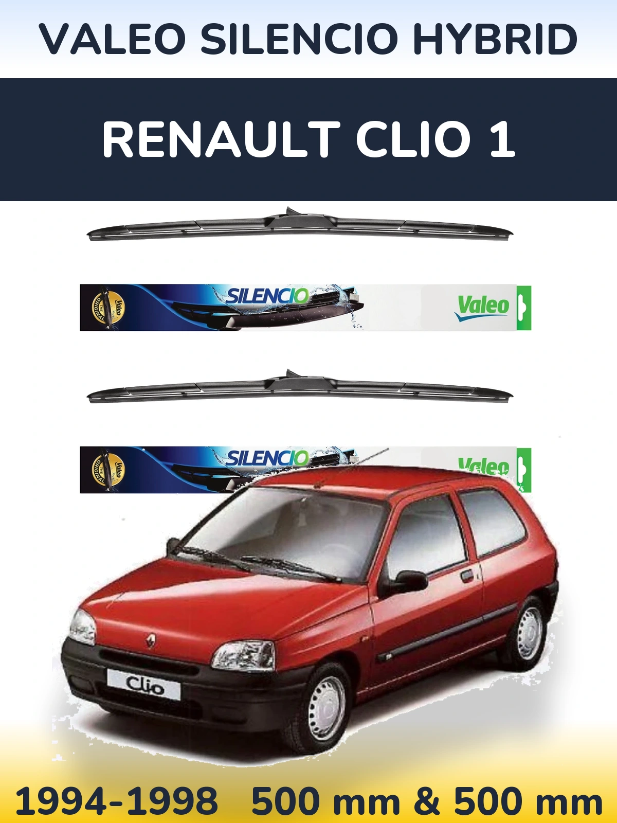 Sada předních stěračů Valeo Silencio Hybrid 500 a 500 mm pro Renault Clio 1 1994-1998
