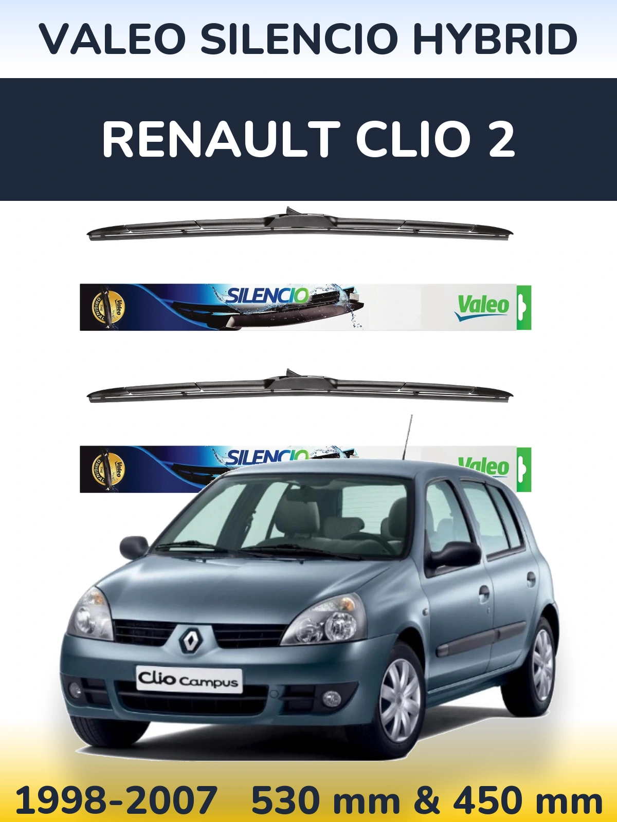 Sada předních stěračů Valeo Silencio Hybrid 530 a 450 mm pro Renault Clio 2 1998-2007