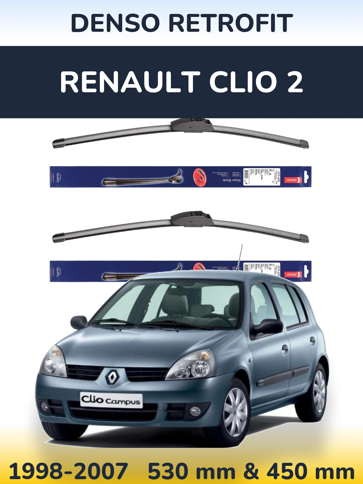 Sada předních stěračů Denso Retrofit 530 a 450 mm pro Renault Clio 2 1998-2007