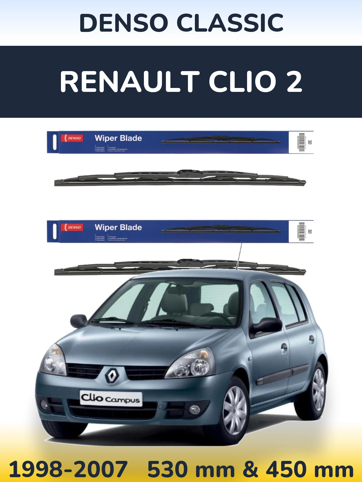 Sada předních stěračů Denso Classic 530 a 450 mm pro Renault Clio 2 1998-2007
