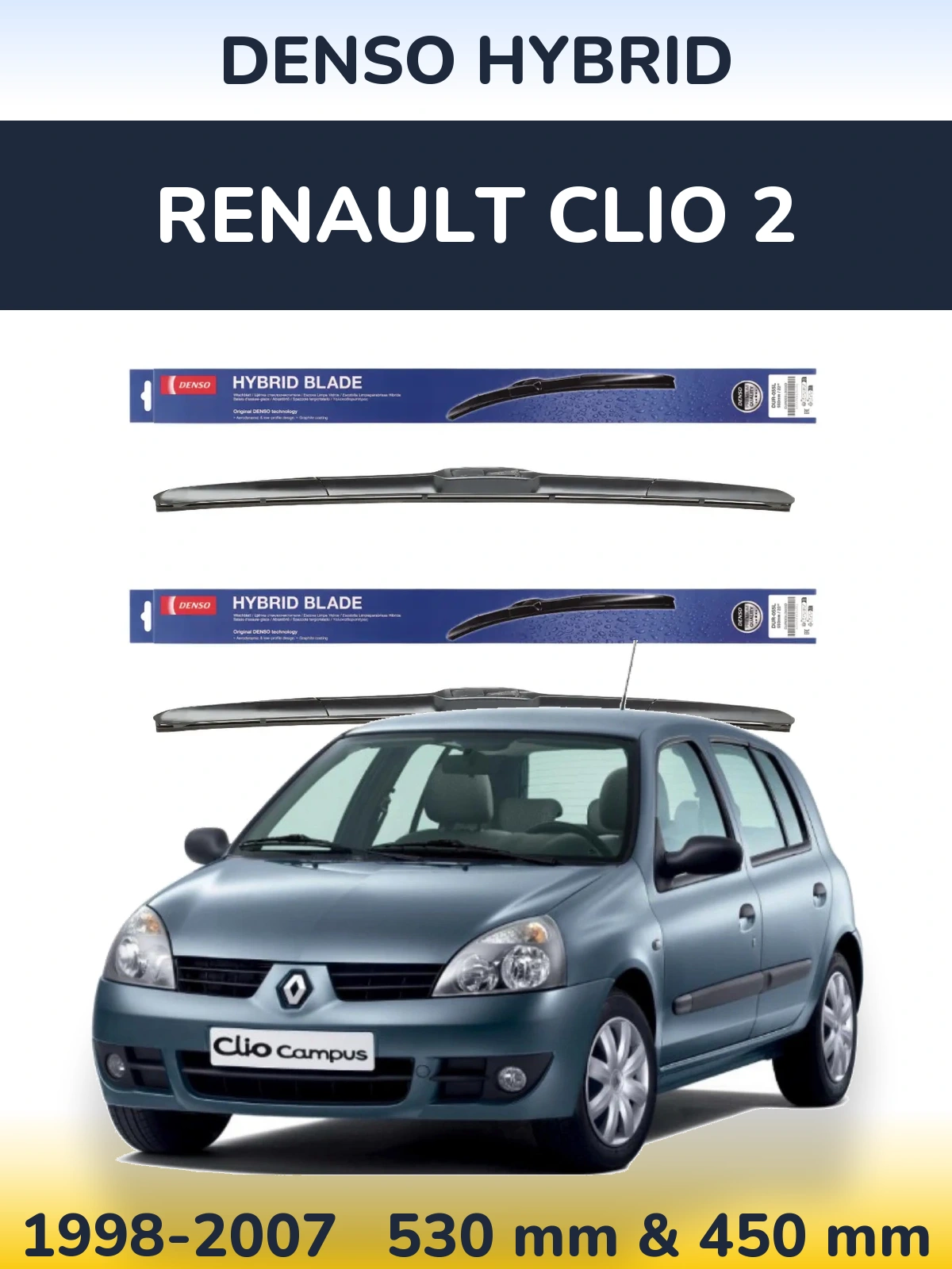 Sada předních stěračů Denso Hybrid 530 a 450 mm pro Renault Clio 2 1998-2007