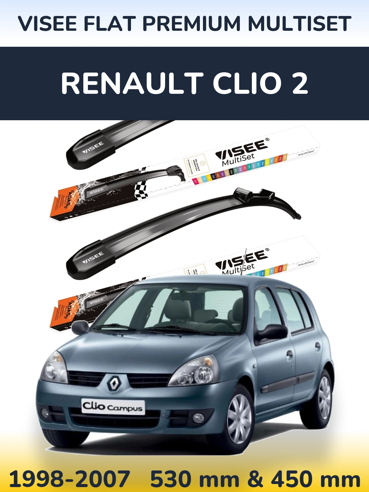 Sada předních stěračů VISEE FLAT PREMIUM MultiSet 530 a 450 mm pro Renault Clio 2 1998-2007