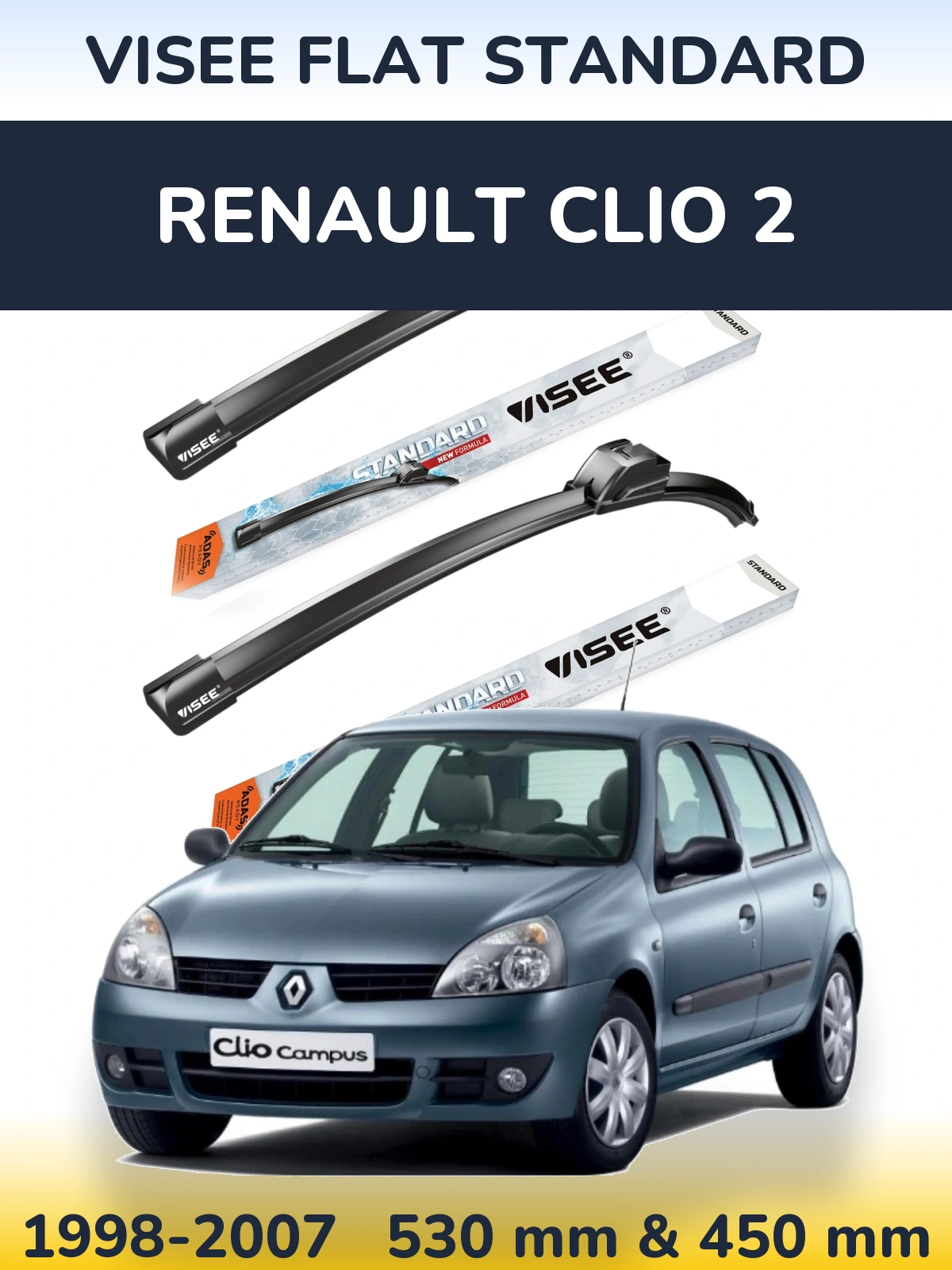 Sada předních stěračů VISEE FLAT STANDARD 530 a 450 mm pro Renault Clio 2 1998-2007