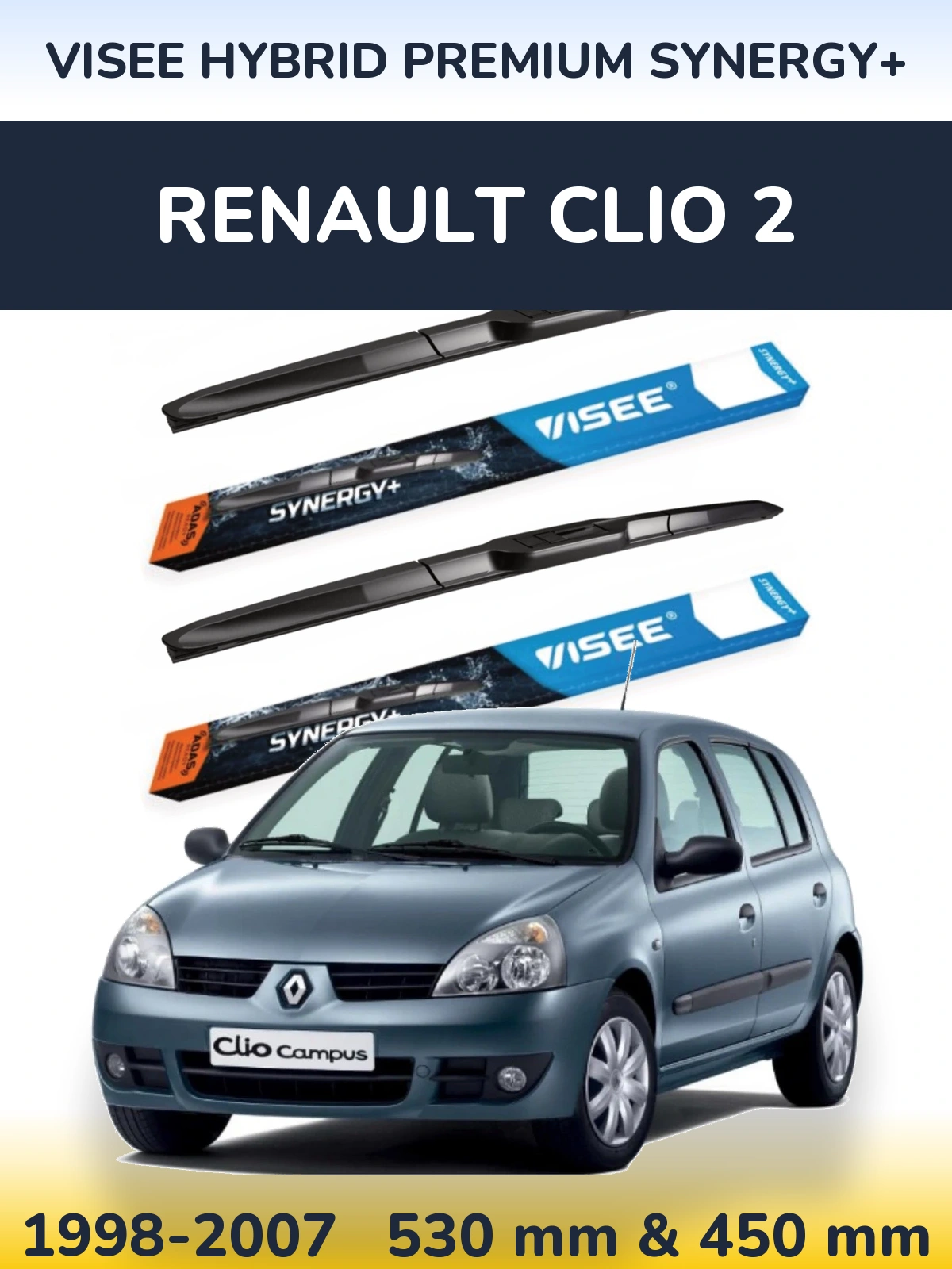 Sada předních stěračů VISEE HYBRID PREMIUM SYNERGY+ 530 a 450 mm pro Renault Clio 2 1998-2007