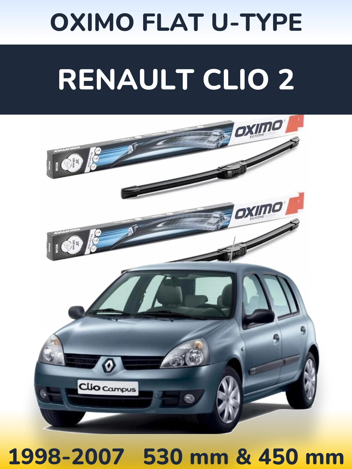 Sada předních stěračů Oximo Flat U-type 530 a 450 mm pro Renault Clio 2 1998-2007
