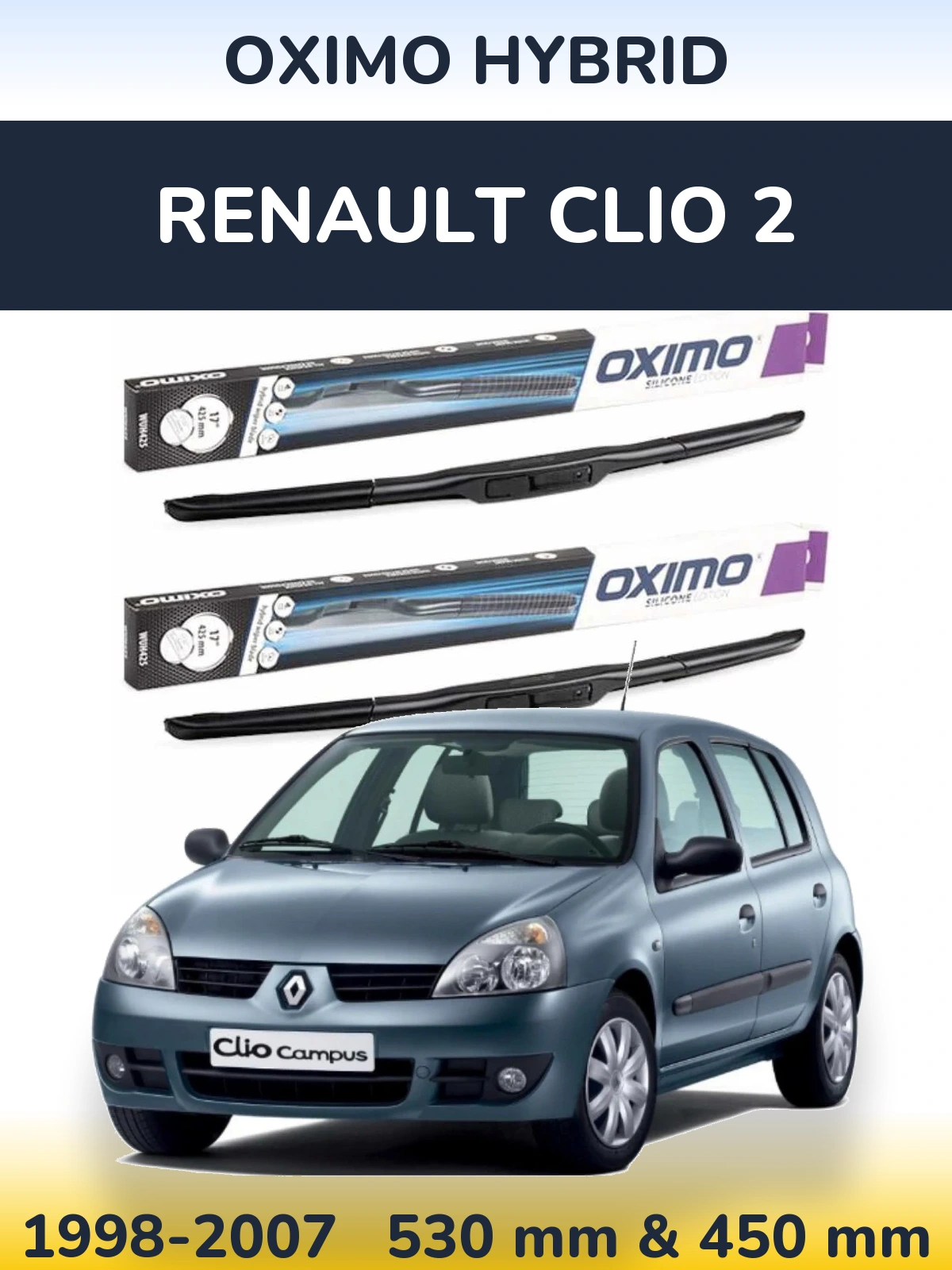 Sada předních stěračů Oximo Hybrid 530 a 450 mm pro Renault Clio 2 1998-2007