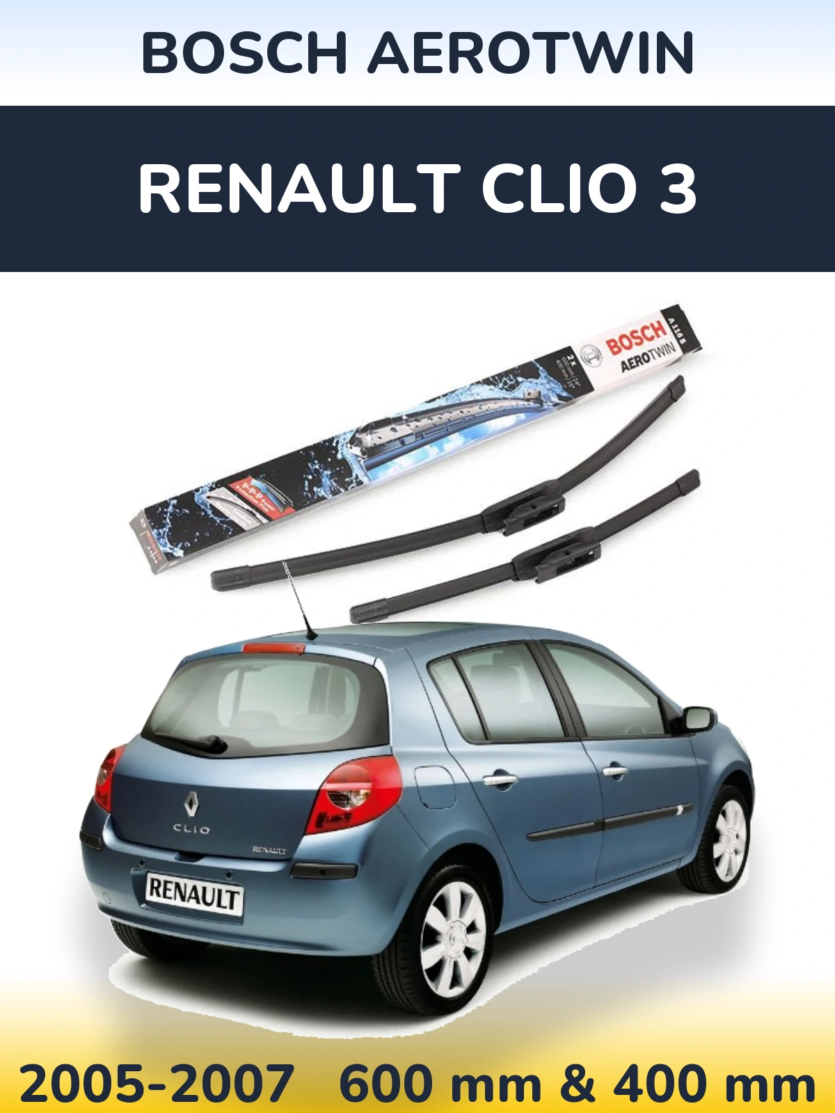 Sada předních stěračů BOSCH AeroTwin 600 a 400 mm pro Renault Clio 3 2005-2007