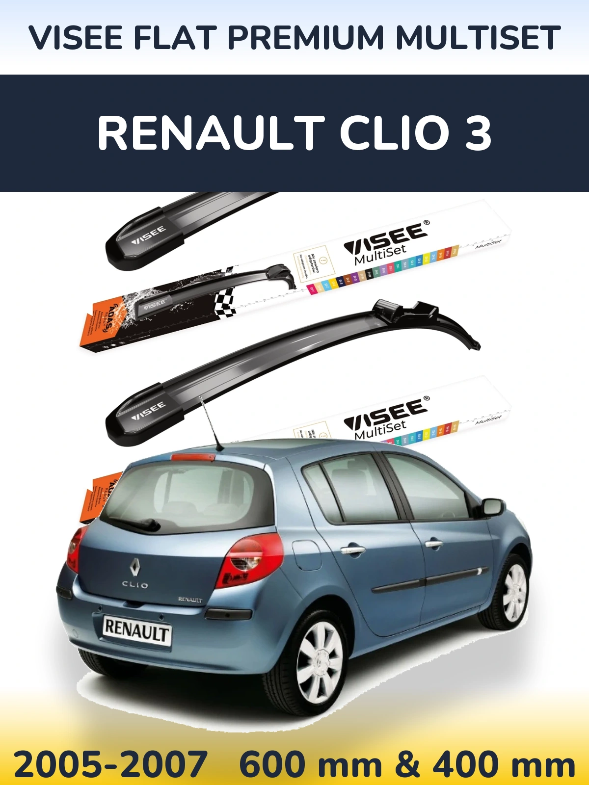 Sada předních stěračů VISEE FLAT PREMIUM MultiSet 600 a 400 mm pro Renault Clio 3 2005-2007