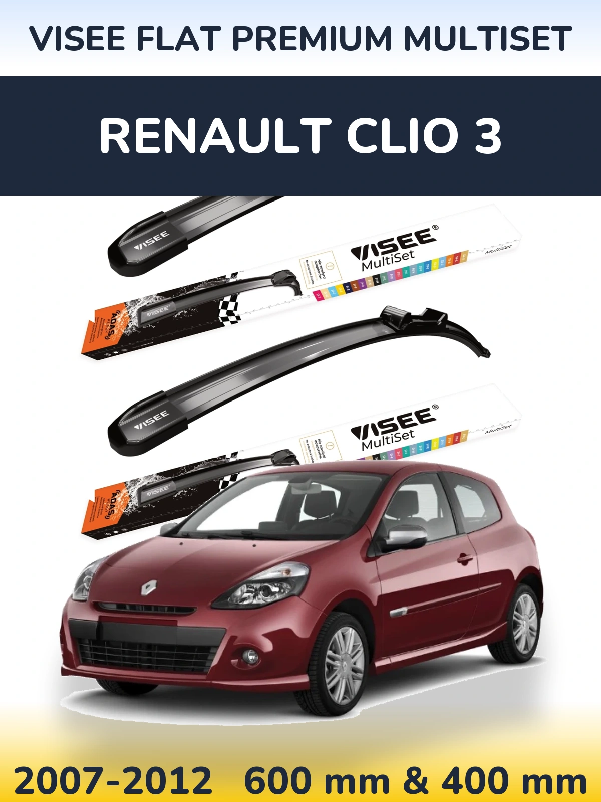 Sada předních stěračů VISEE FLAT PREMIUM MultiSet 600 a 400 mm pro Renault Clio 3 2007-2012