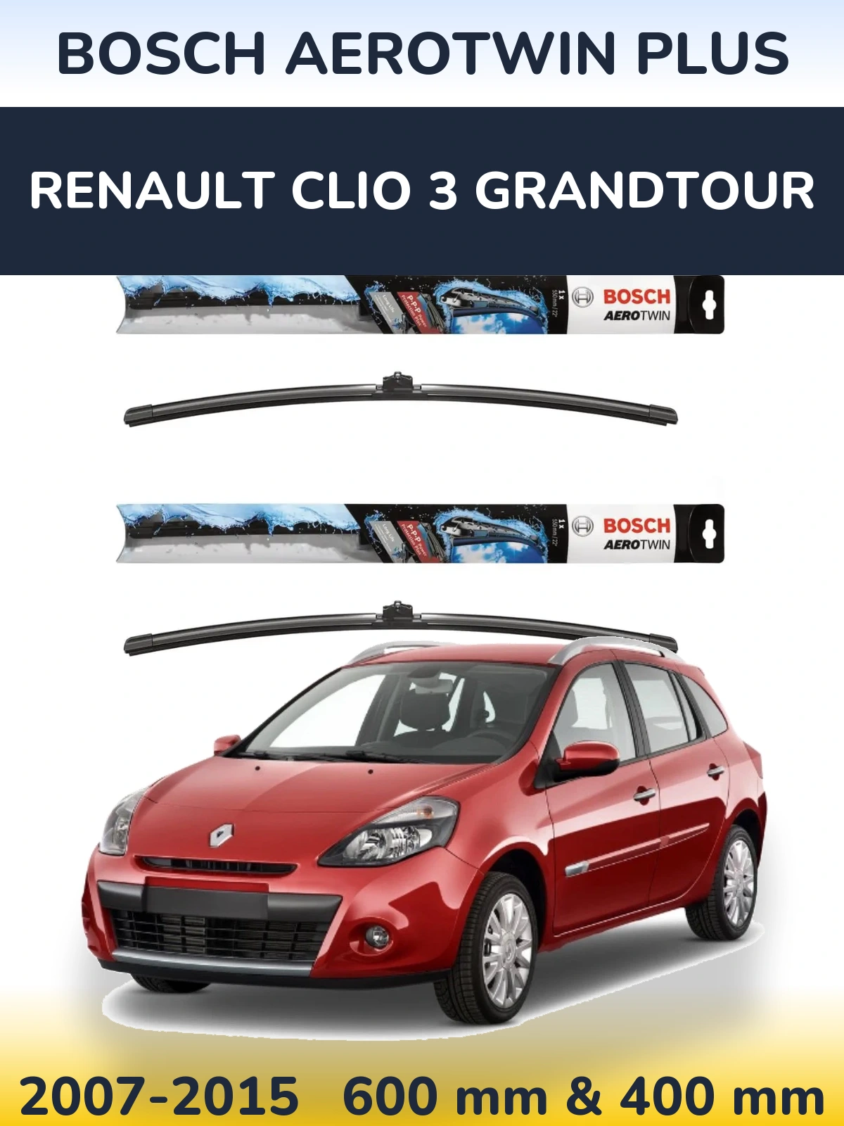 Sada předních stěračů BOSCH AeroTwin Plus 600 a 400 mm pro Renault Clio 3 Grandtour 2007-2015