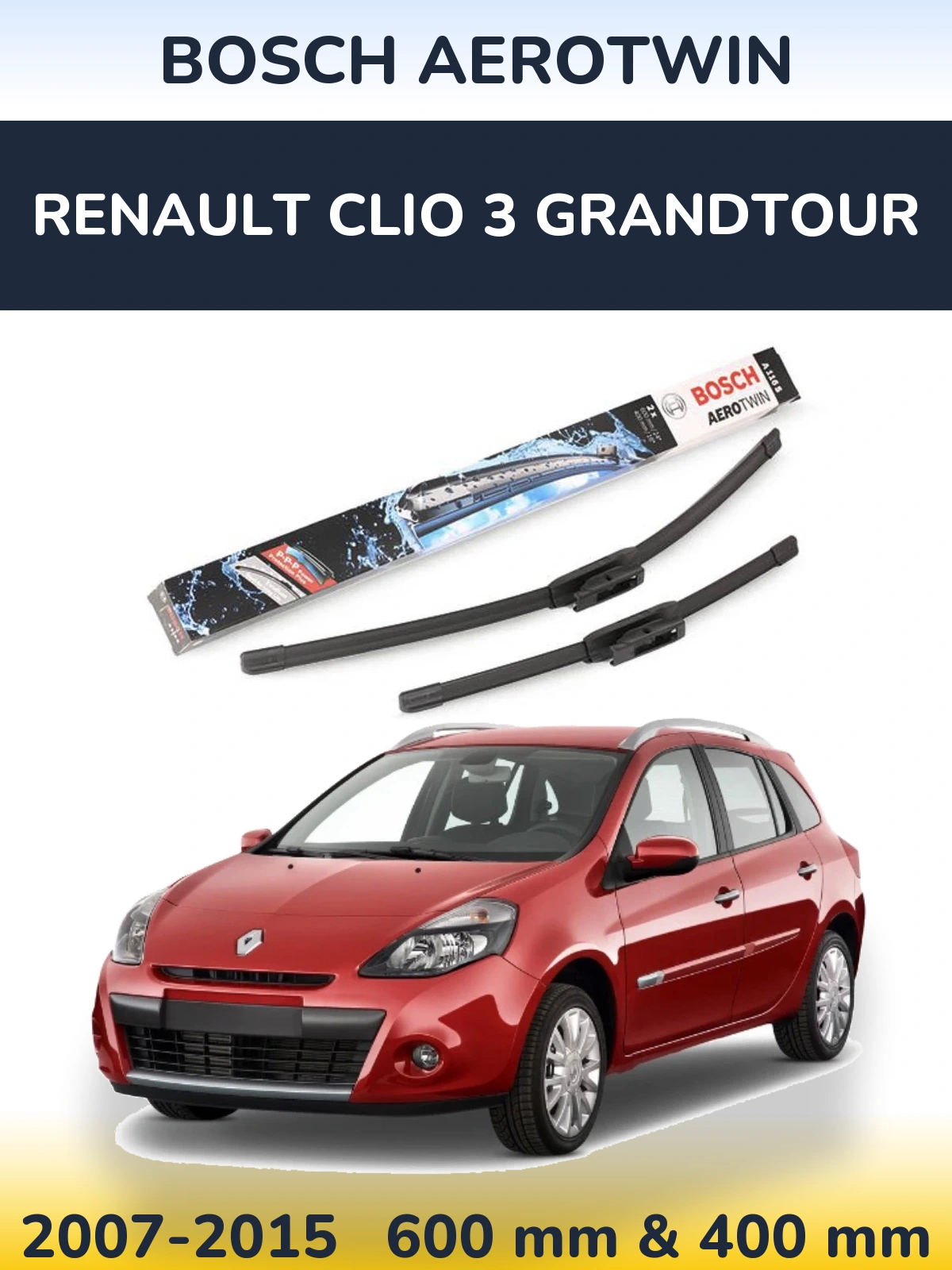 Sada předních stěračů BOSCH AeroTwin 600 a 400 mm pro Renault Clio 3 Grandtour 2007-2015