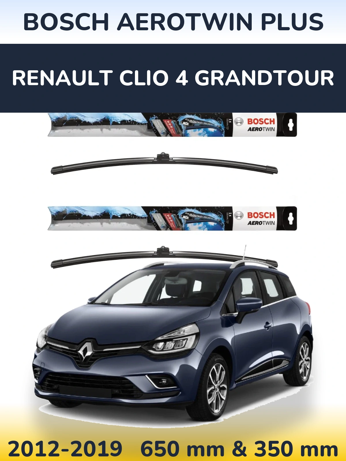 Sada předních stěračů BOSCH AeroTwin Plus 650 a 350 mm pro Renault Clio 4 Grandtour 2012-2019