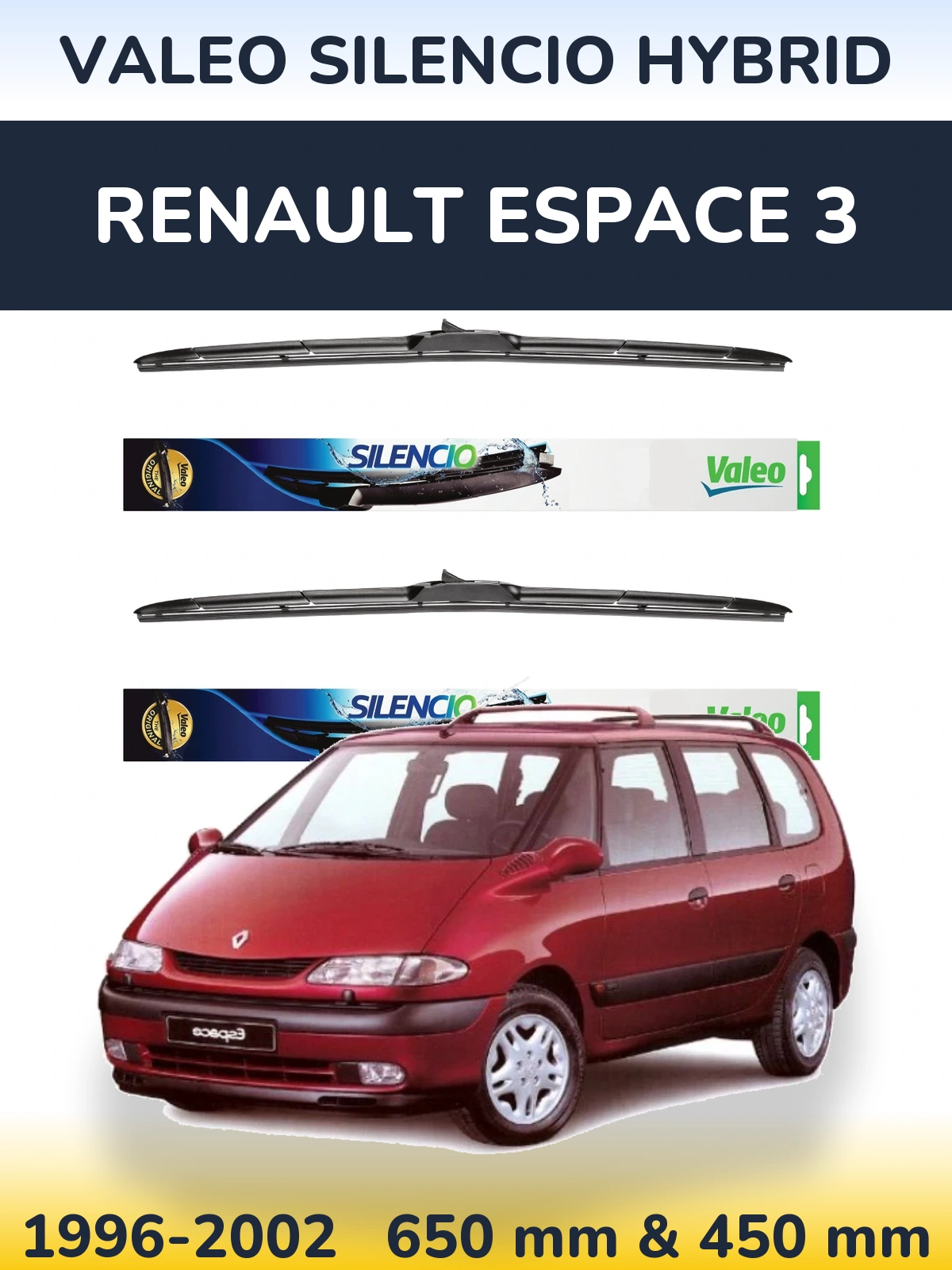 Sada předních stěračů Valeo Silencio Hybrid 650 a 450 mm pro Renault Espace 3 1996-2002