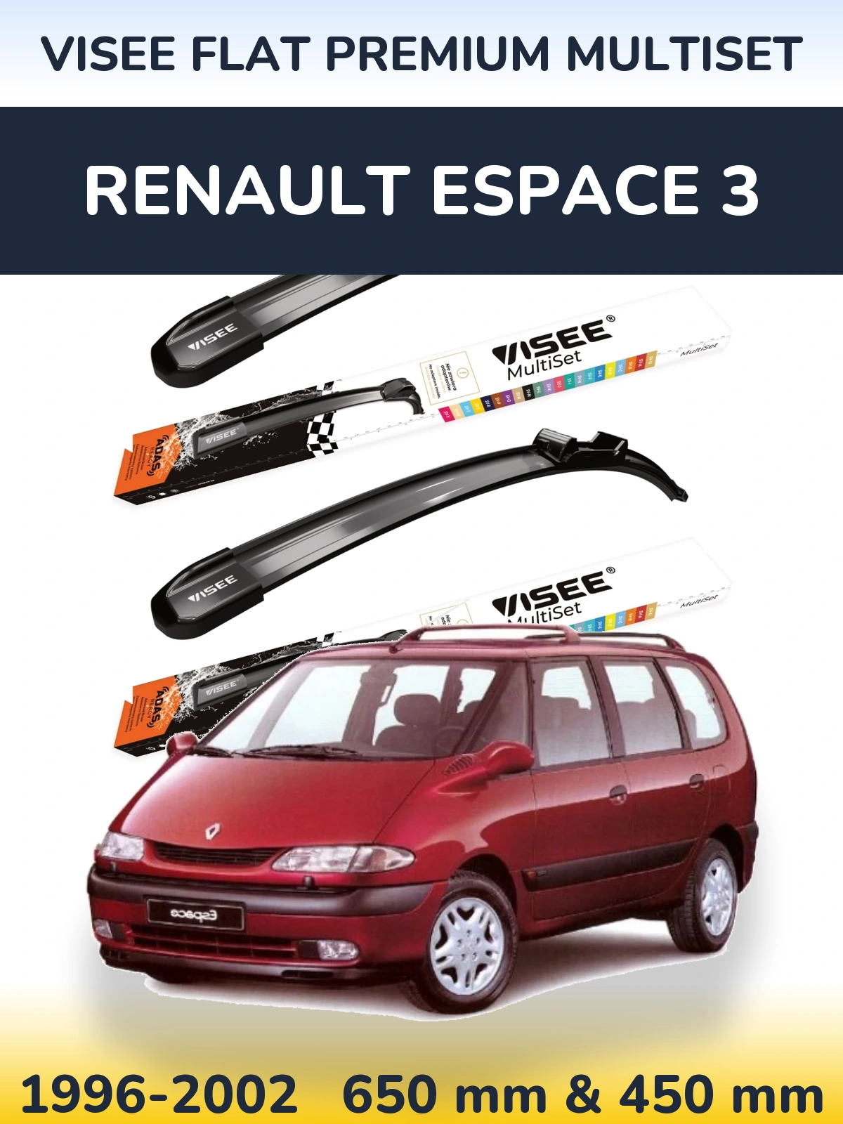 Sada předních stěračů VISEE FLAT PREMIUM MultiSet 650 a 450 mm pro Renault Espace 3 1996-2002