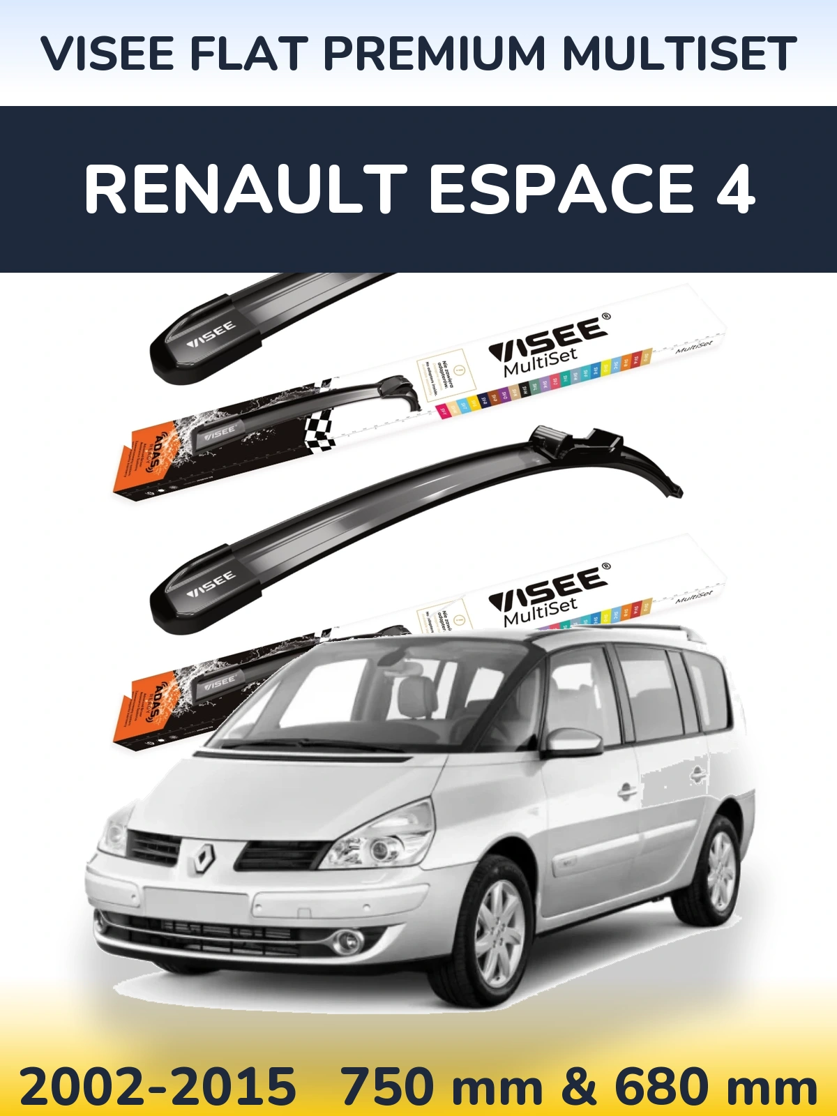 Sada předních stěračů VISEE FLAT PREMIUM MultiSet 750 a 680 mm pro Renault Espace 4 2002-2015