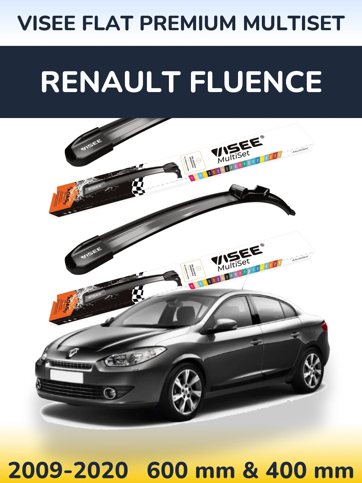 Sada předních stěračů VISEE FLAT PREMIUM MultiSet 600 a 400 mm pro Renault Fluence 2009-2020