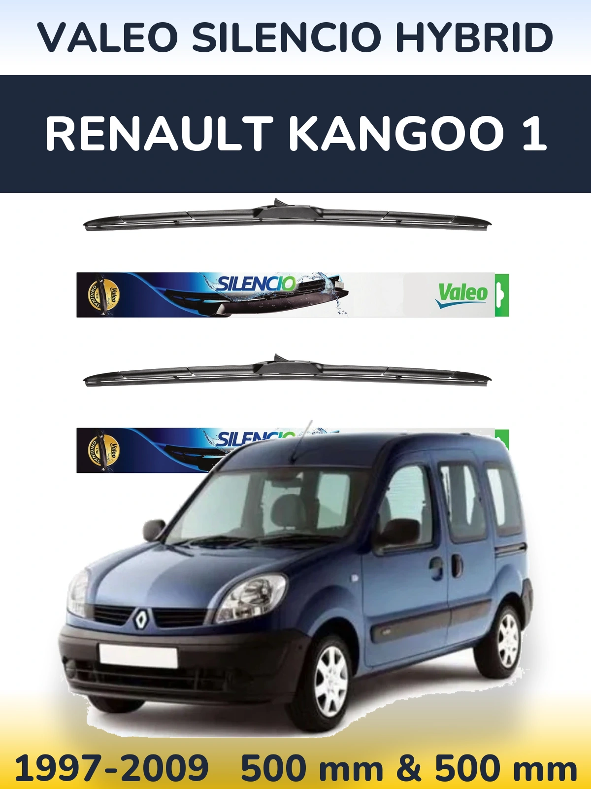 Sada předních stěračů Valeo Silencio Hybrid 500 a 500 mm pro Renault Kangoo 1 1997-2009