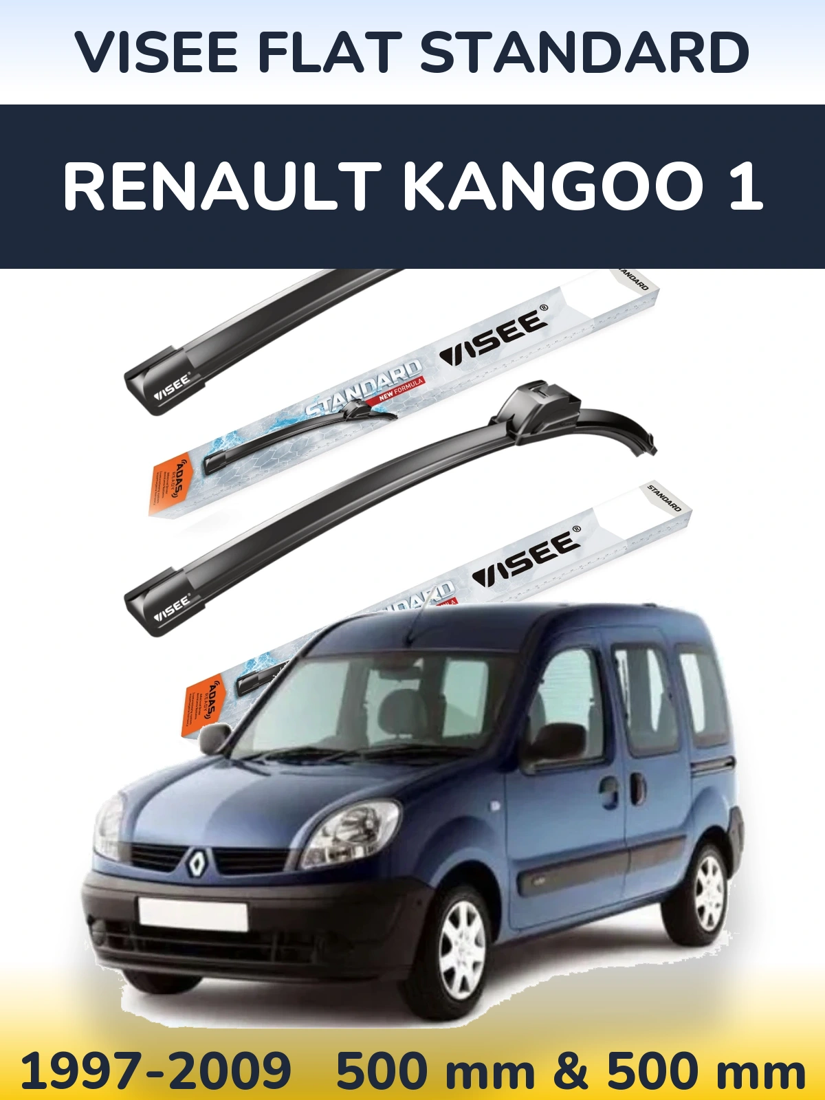 Sada předních stěračů VISEE FLAT STANDARD 500 a 500 mm pro Renault Kangoo 1 1997-2009