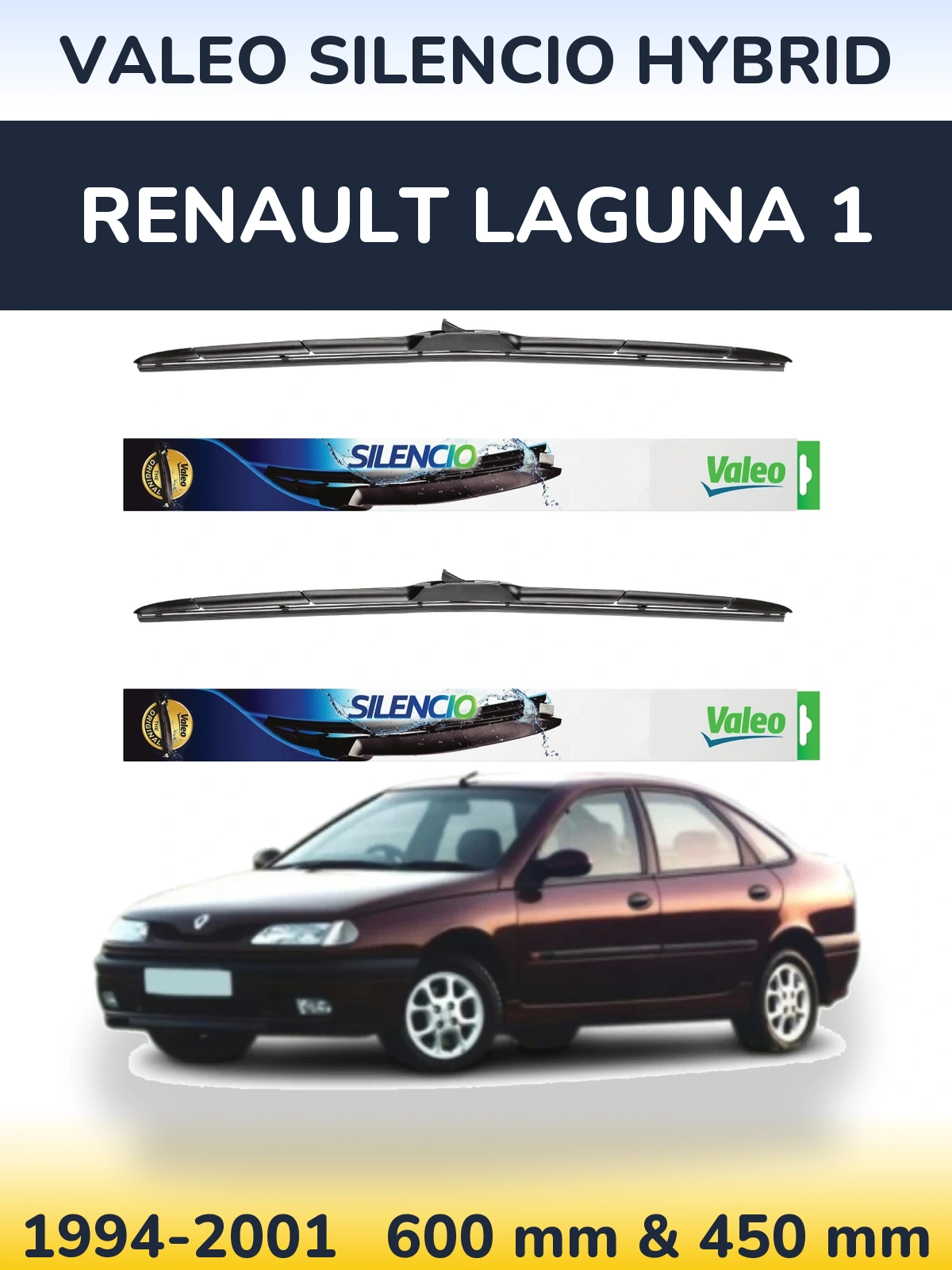Sada předních stěračů Valeo Silencio Hybrid 600 a 450 mm pro Renault Laguna 1 1994-2001