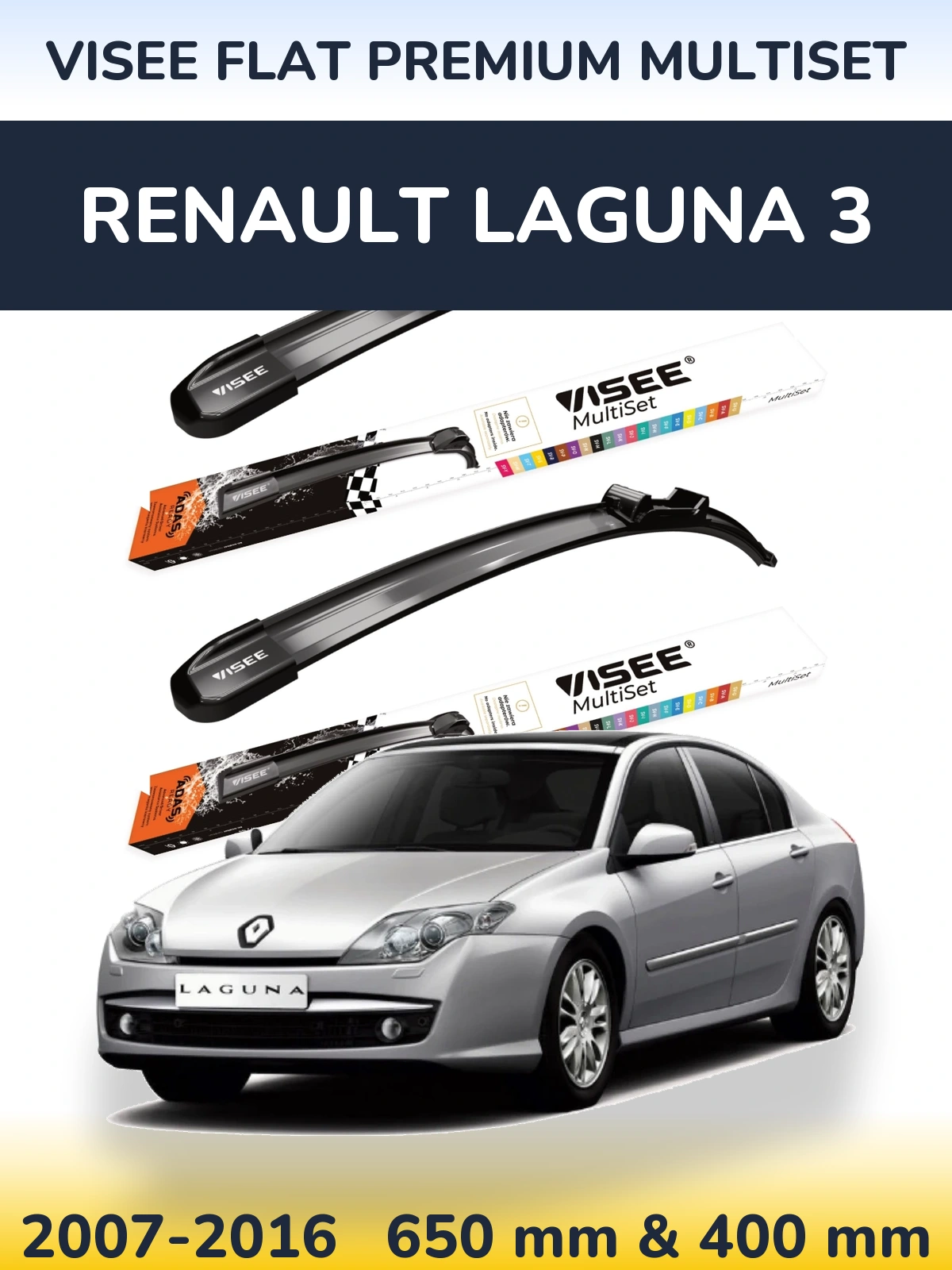 Sada předních stěračů VISEE FLAT PREMIUM MultiSet 650 a 400 mm pro Renault Laguna 3 2007-2016