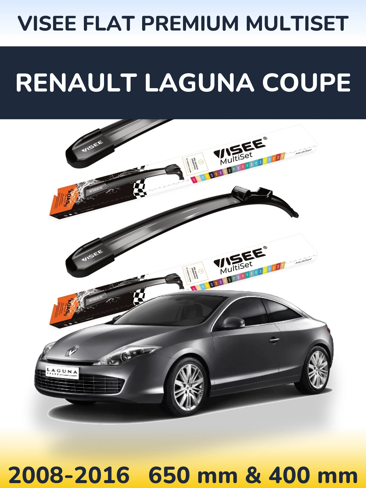 Sada předních stěračů VISEE FLAT PREMIUM MultiSet 650 a 400 mm pro Renault Laguna Coupe 2008-2016