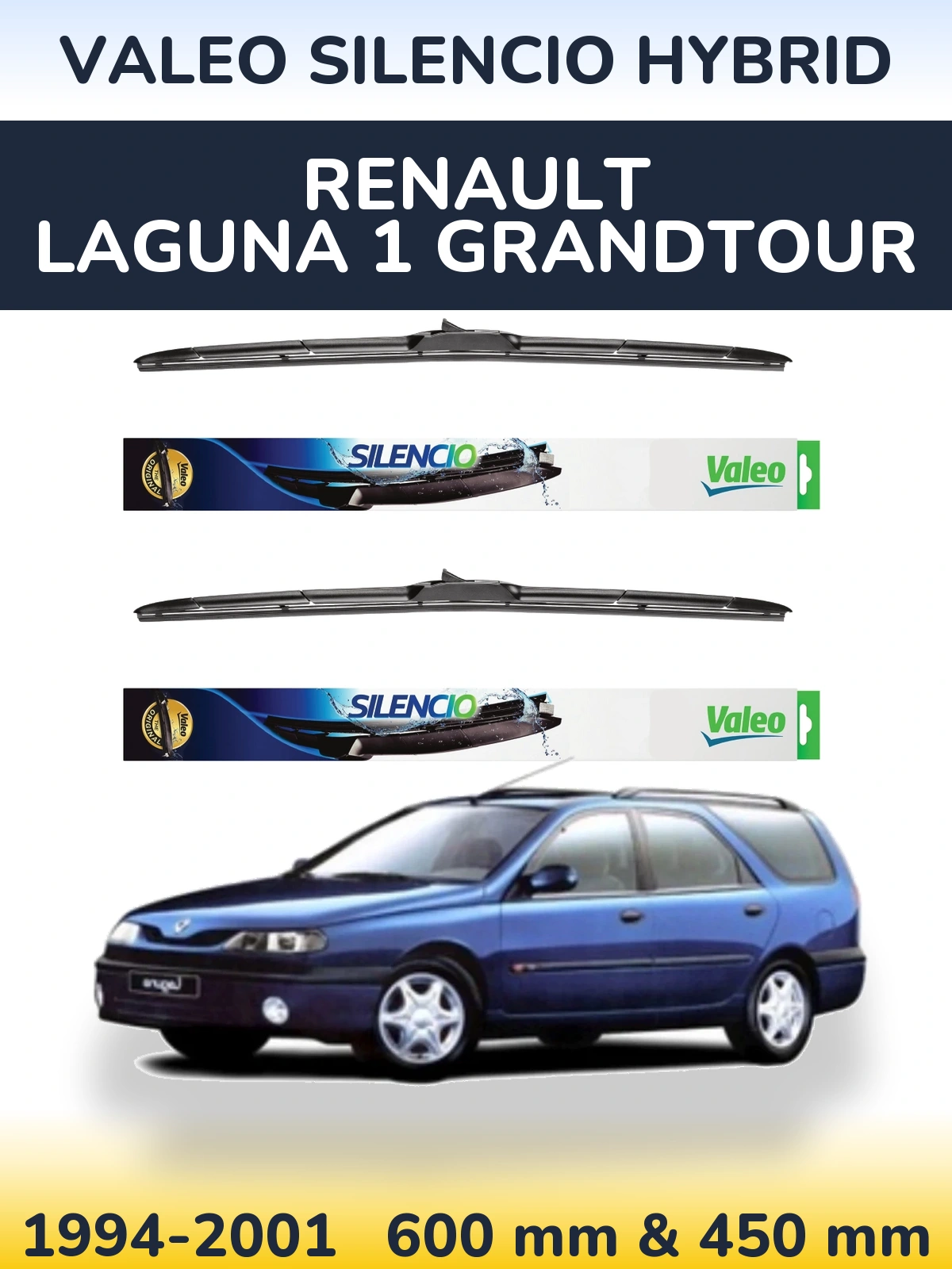 Sada předních stěračů Valeo Silencio Hybrid 600 a 450 mm pro Renault Laguna 1 Grandtour 1994-2001