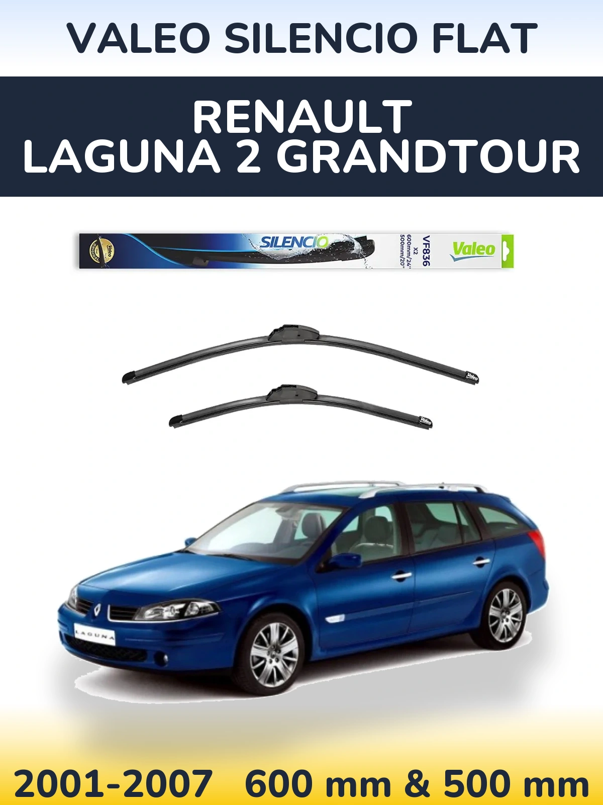 Sada předních stěračů Valeo Silencio Flat 600 a 500 mm pro Renault Laguna 2 Grandtour 2001-2007