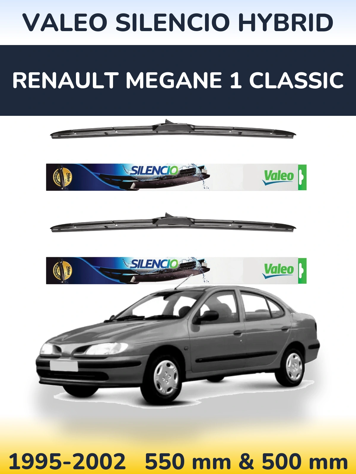 Sada předních stěračů Valeo Silencio Hybrid 550 a 500 mm pro Renault Megane 1 Classic 1995-2002