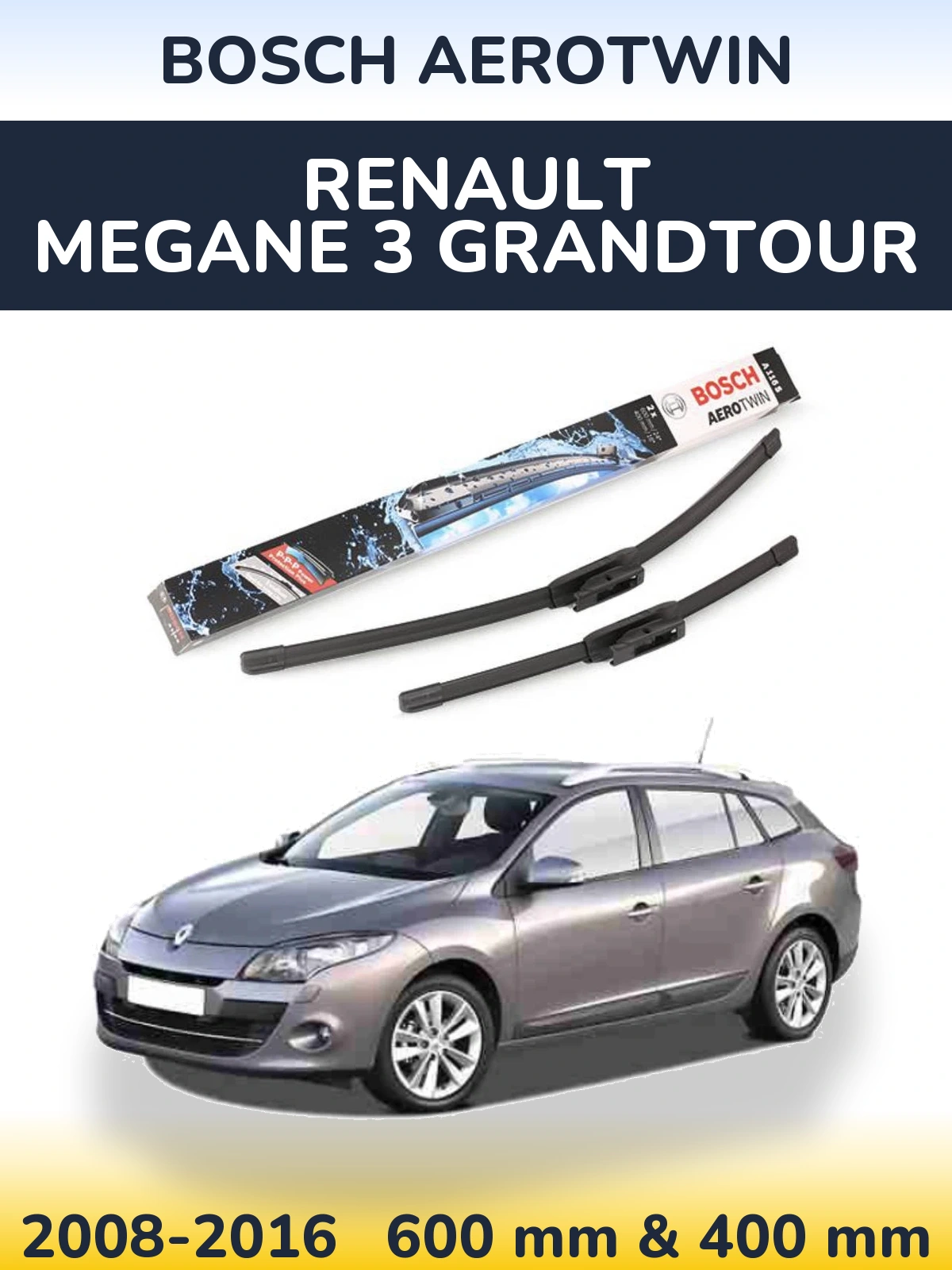 Sada předních stěračů BOSCH AeroTwin 600 a 400 mm pro Renault Megane 3 Grandtour 2008-2016