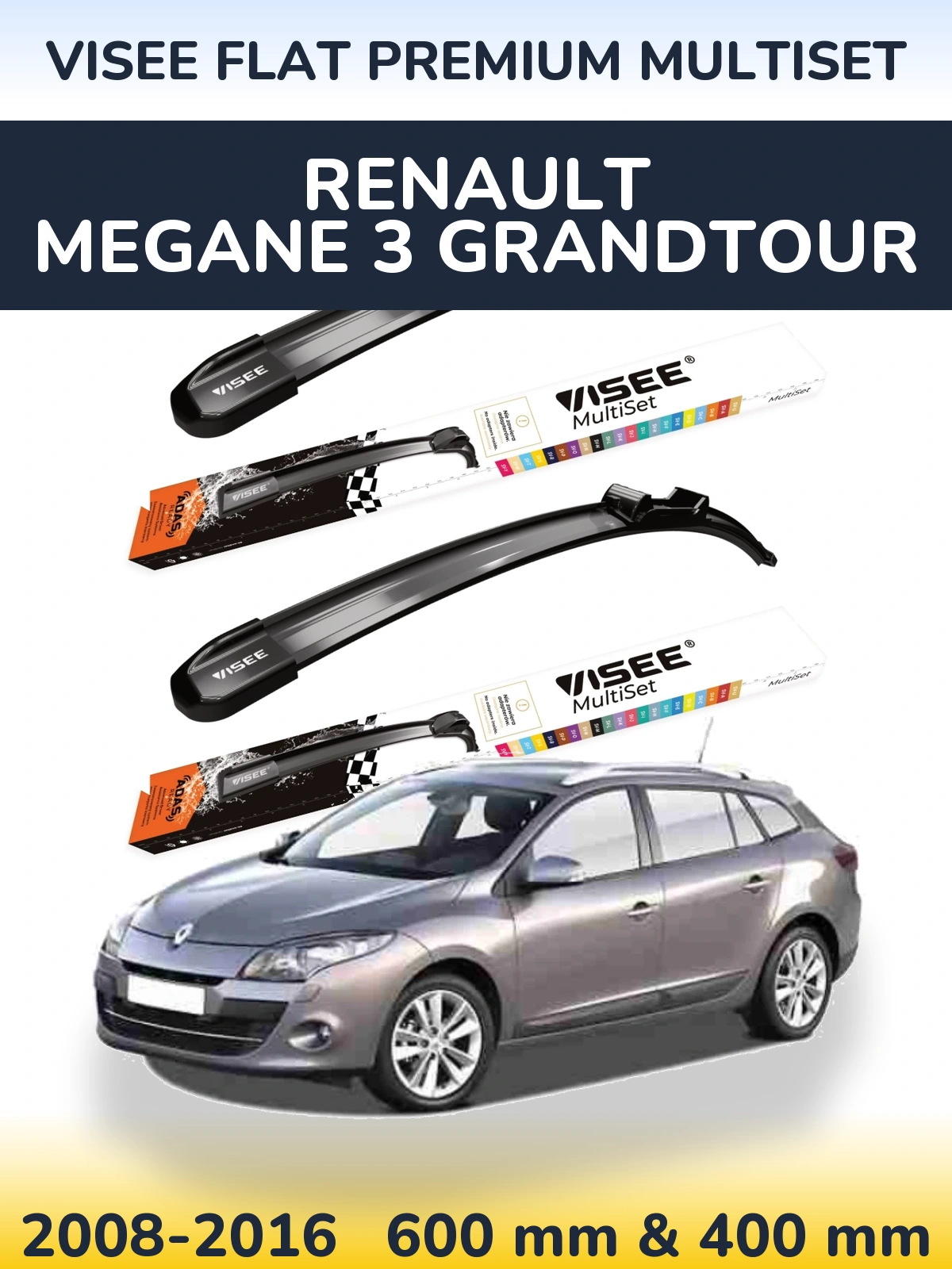 Sada předních stěračů VISEE FLAT PREMIUM MultiSet 600 a 400 mm pro Renault Megane 3 Grandtour 2008-2016
