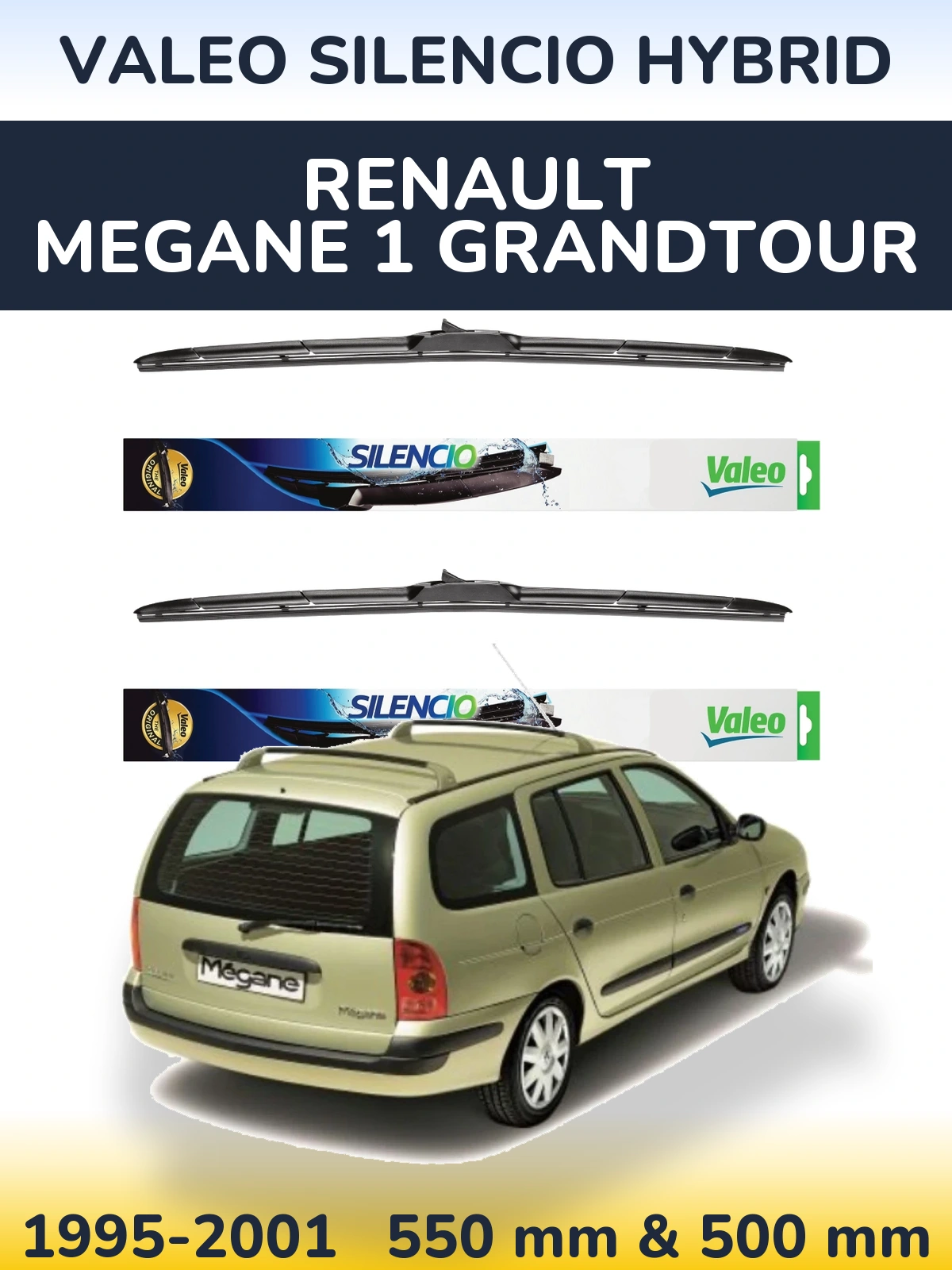 Sada předních stěračů Valeo Silencio Hybrid 550 a 500 mm pro Renault Megane 1 Grandtour 1995-2001