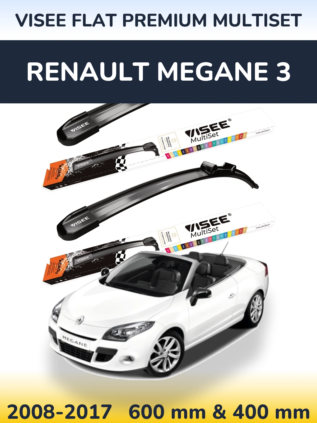 Sada předních stěračů VISEE FLAT PREMIUM MultiSet 600 a 400 mm pro Renault Megane 3 2008-2017