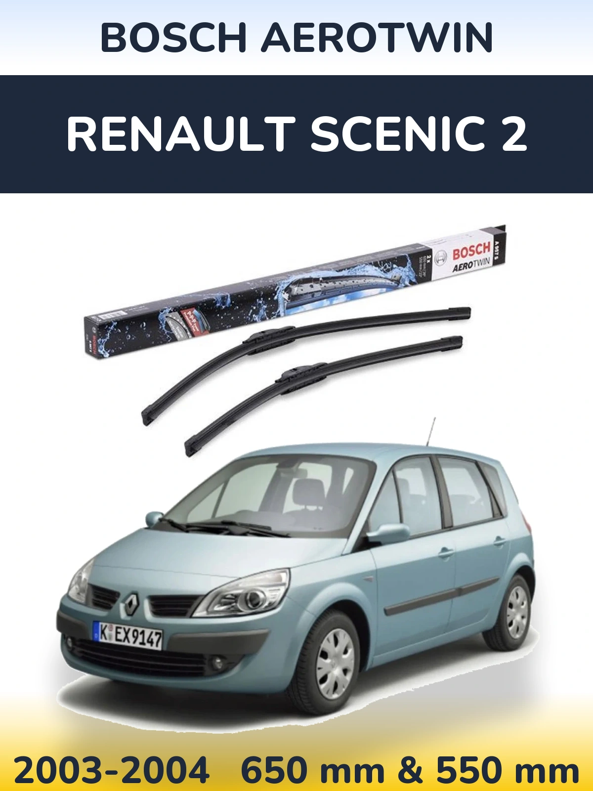 Sada předních stěračů BOSCH AeroTwin 650 a 550 mm pro Renault Scenic 2 2003-2004