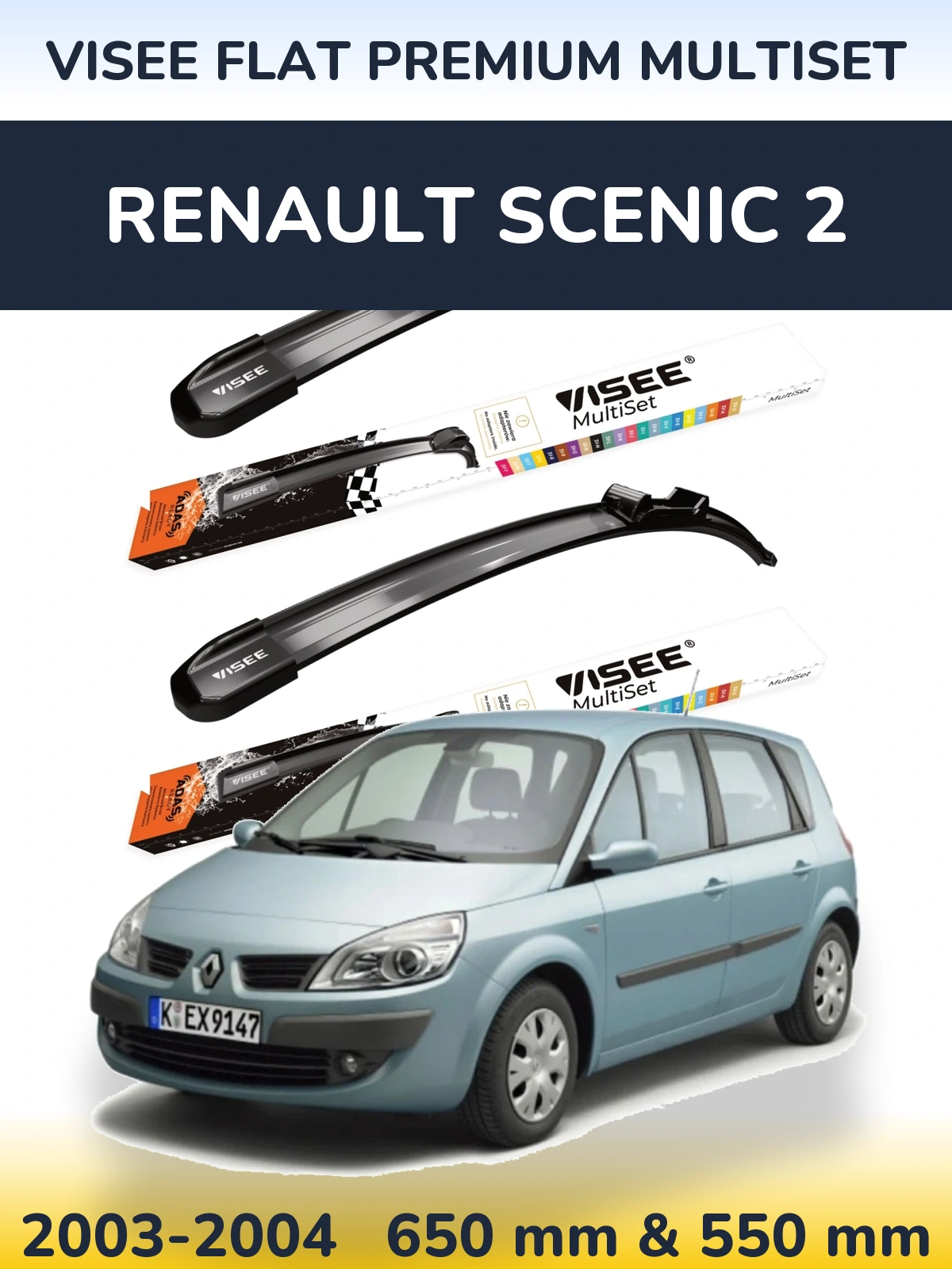 Sada předních stěračů VISEE FLAT PREMIUM MultiSet 650 a 550 mm pro Renault Scenic 2 2003-2004