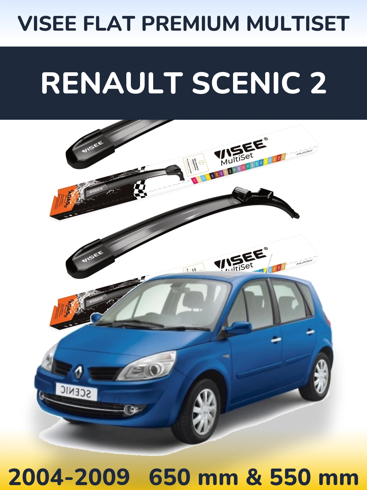 Sada předních stěračů VISEE FLAT PREMIUM MultiSet 650 a 550 mm pro Renault Scenic 2 2004-2009