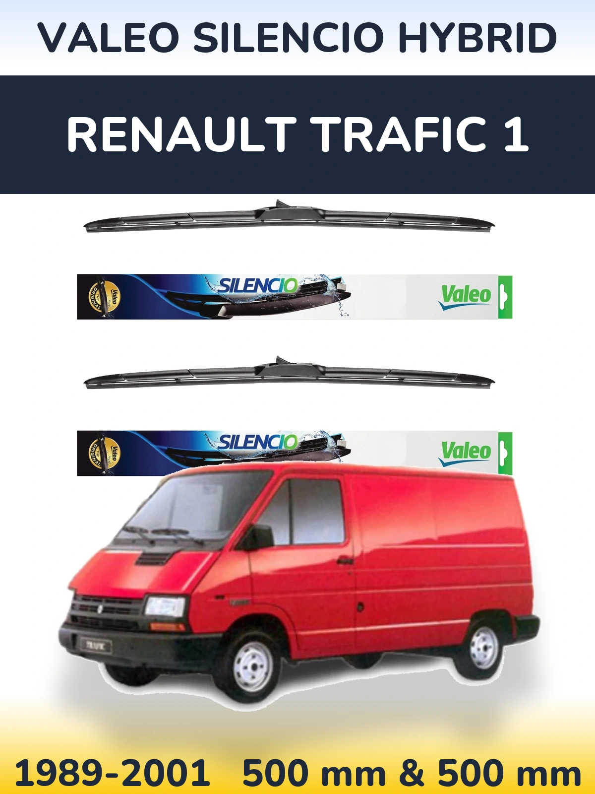 Sada předních stěračů Valeo Silencio Hybrid 500 a 500 mm pro Renault Trafic 1 1989-2001