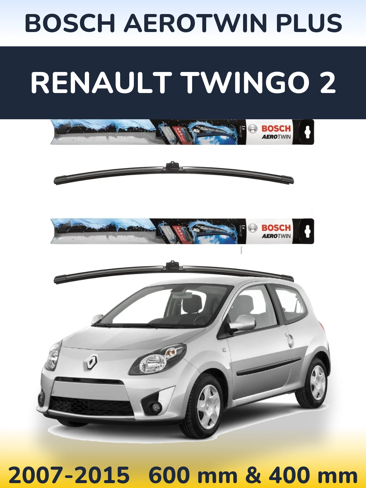 Sada předních stěračů BOSCH AeroTwin Plus 600 a 400 mm pro Renault Twingo 2 2007-2015