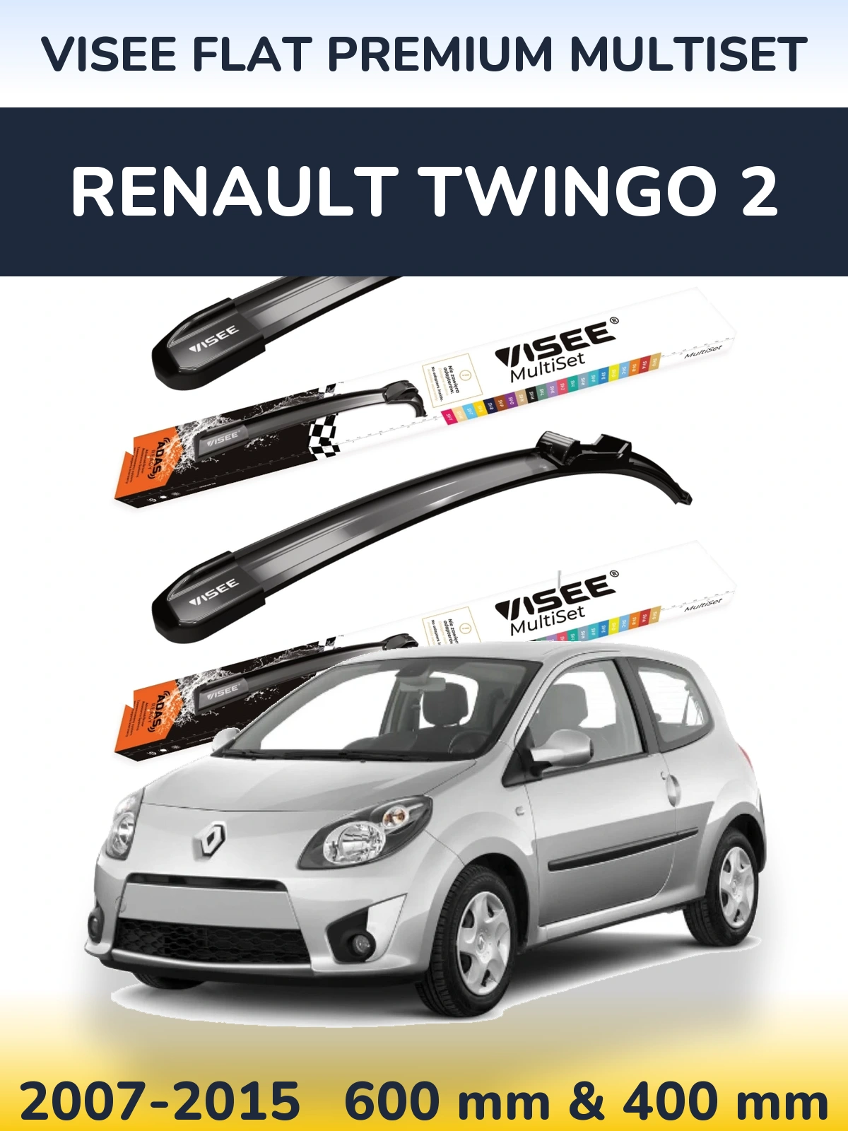 Sada předních stěračů VISEE FLAT PREMIUM MultiSet 600 a 400 mm pro Renault Twingo 2 2007-2015