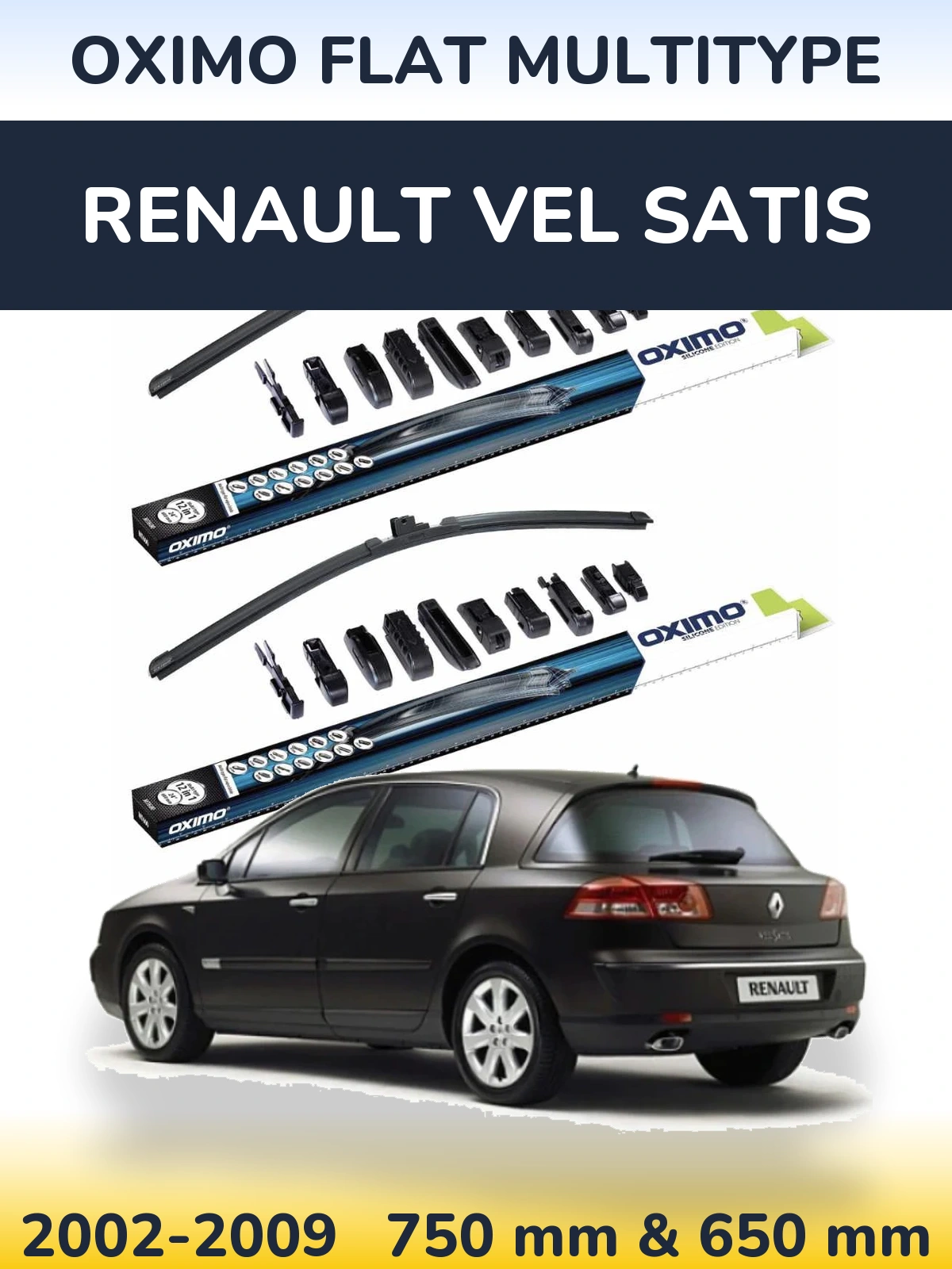 Sada předních stěračů Oximo Flat MultiType 750 a 650 mm pro Renault Vel Satis 2002-2009