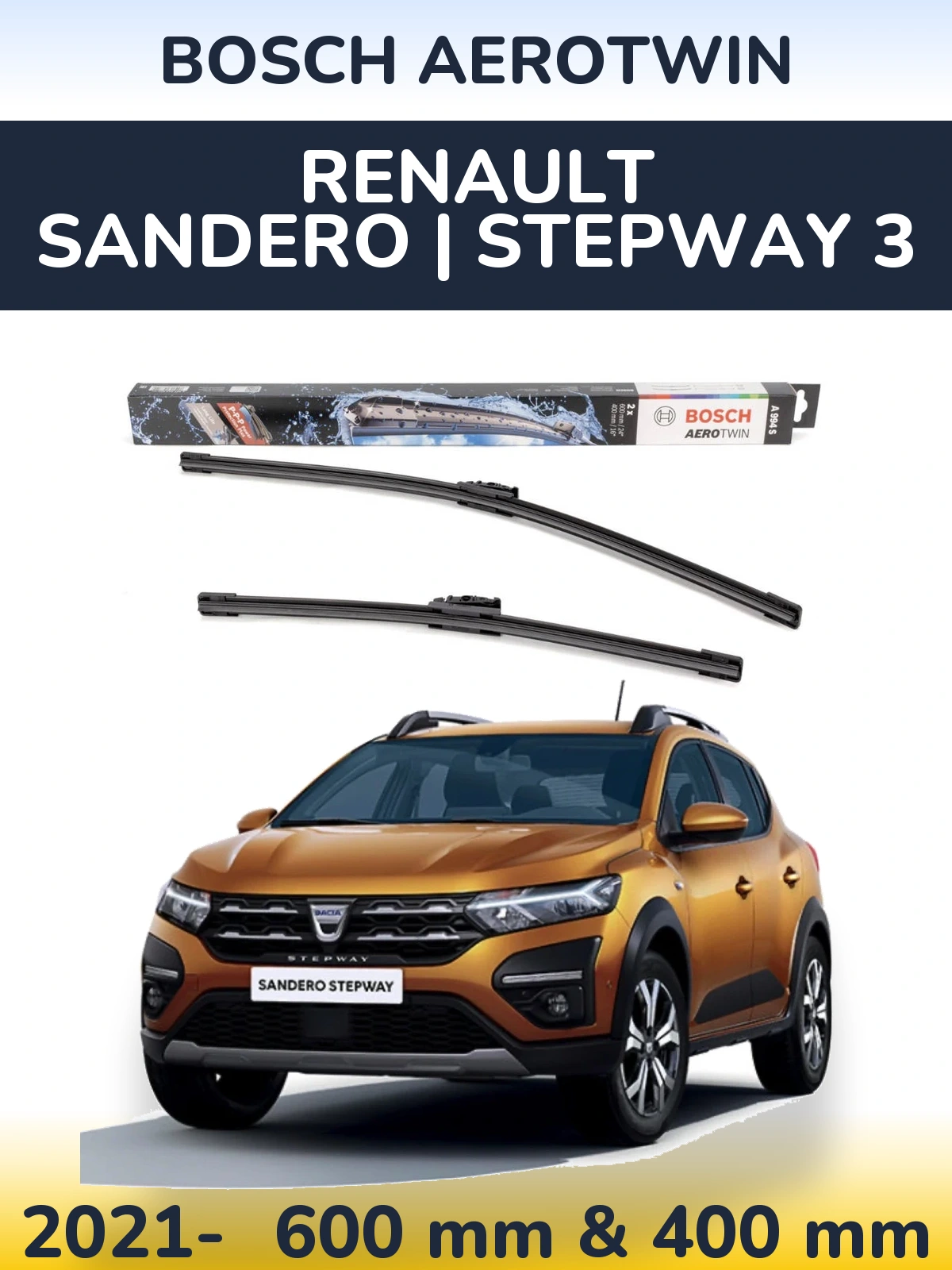 Комплект передніх щіток BOSCH AeroTwin 600 & 400 мм для Renault Sandero | Stepway 3 2021-2026