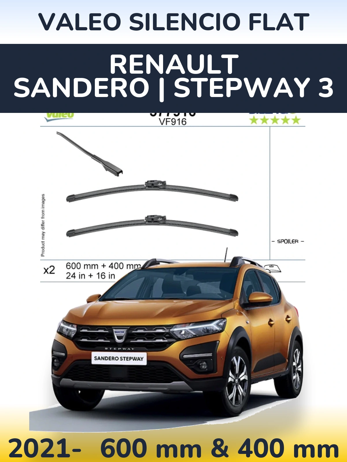 Sada předních stěračů Valeo Silencio Flat 600 a 400 mm pro Renault Sandero | Stepway 3 2021-2026