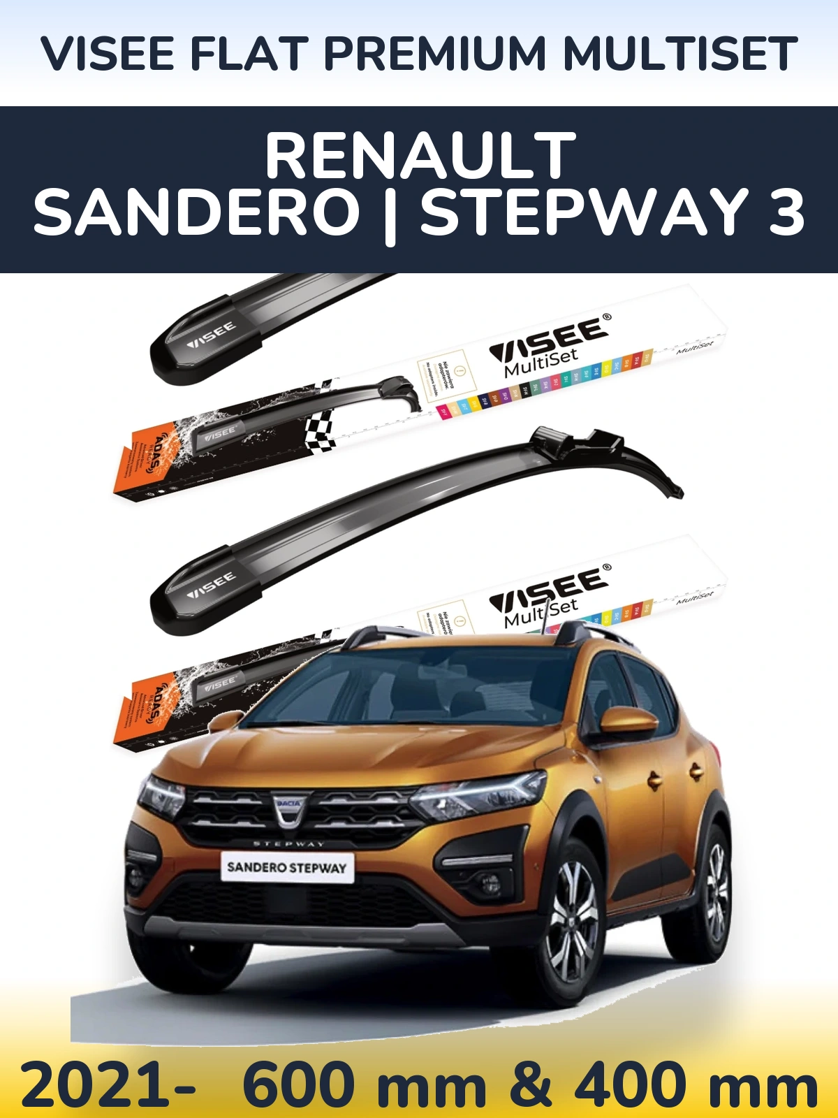 Комплект передніх щіток VISEE FLAT PREMIUM MultiSet 600 & 400 мм для Renault Sandero | Stepway 3 2021-2026