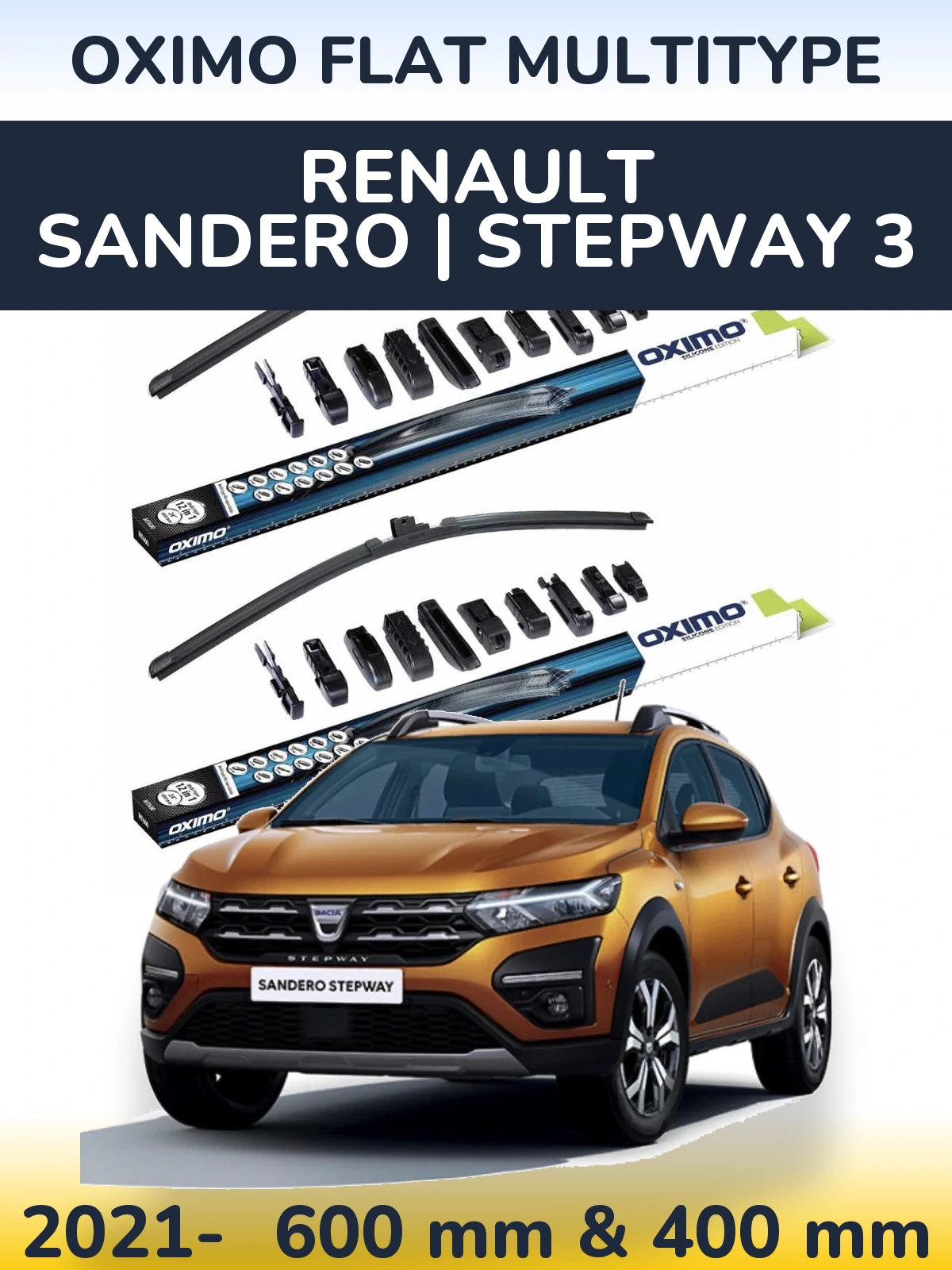 Комплект передніх щіток Oximo Flat MultiТипe 600 & 400 мм для Renault Sandero | Stepway 3 2021-2026