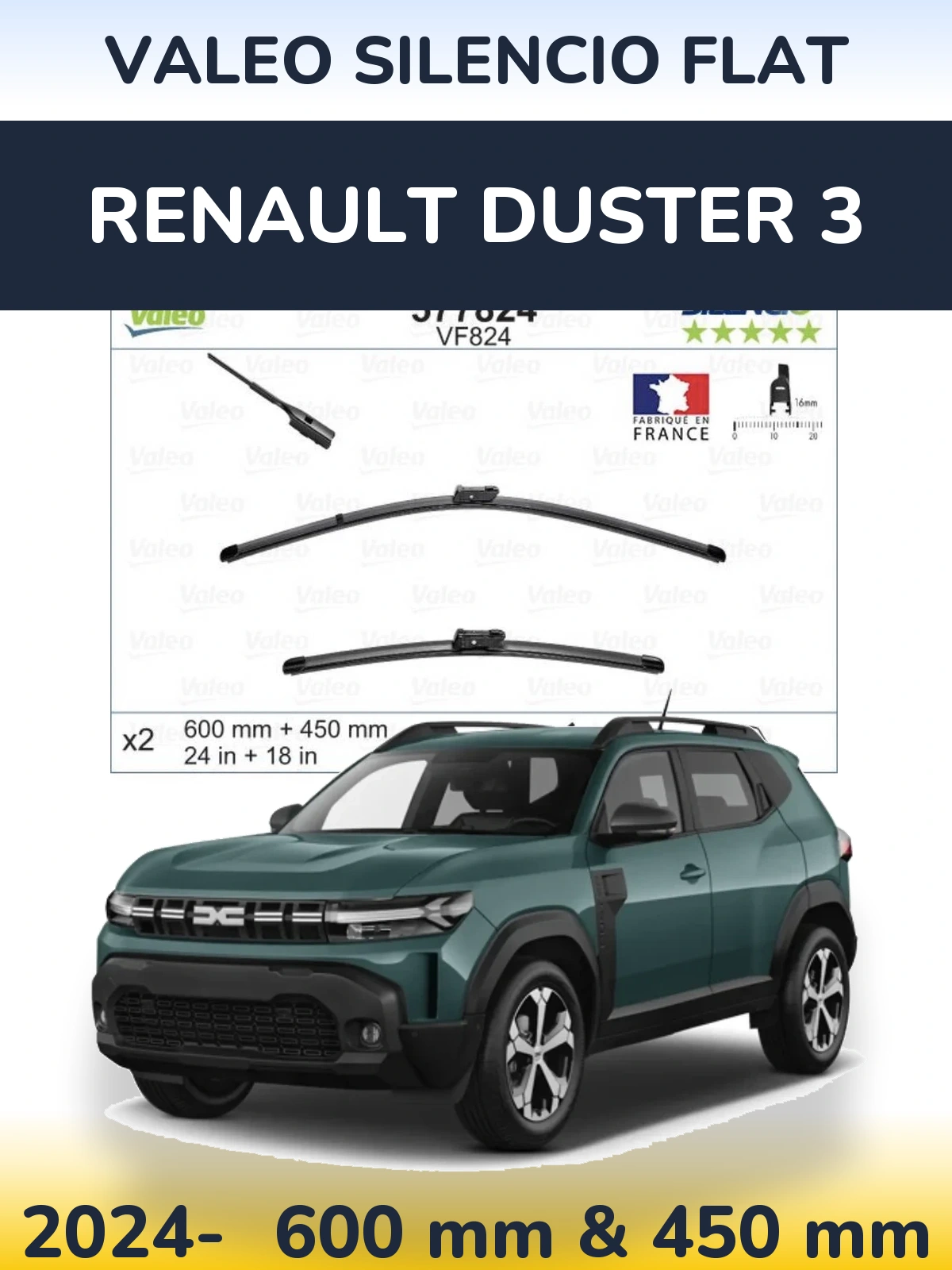 Sada předních stěračů Valeo Silencio Flat 600 a 450 mm pro Renault Duster 3 2024-2026