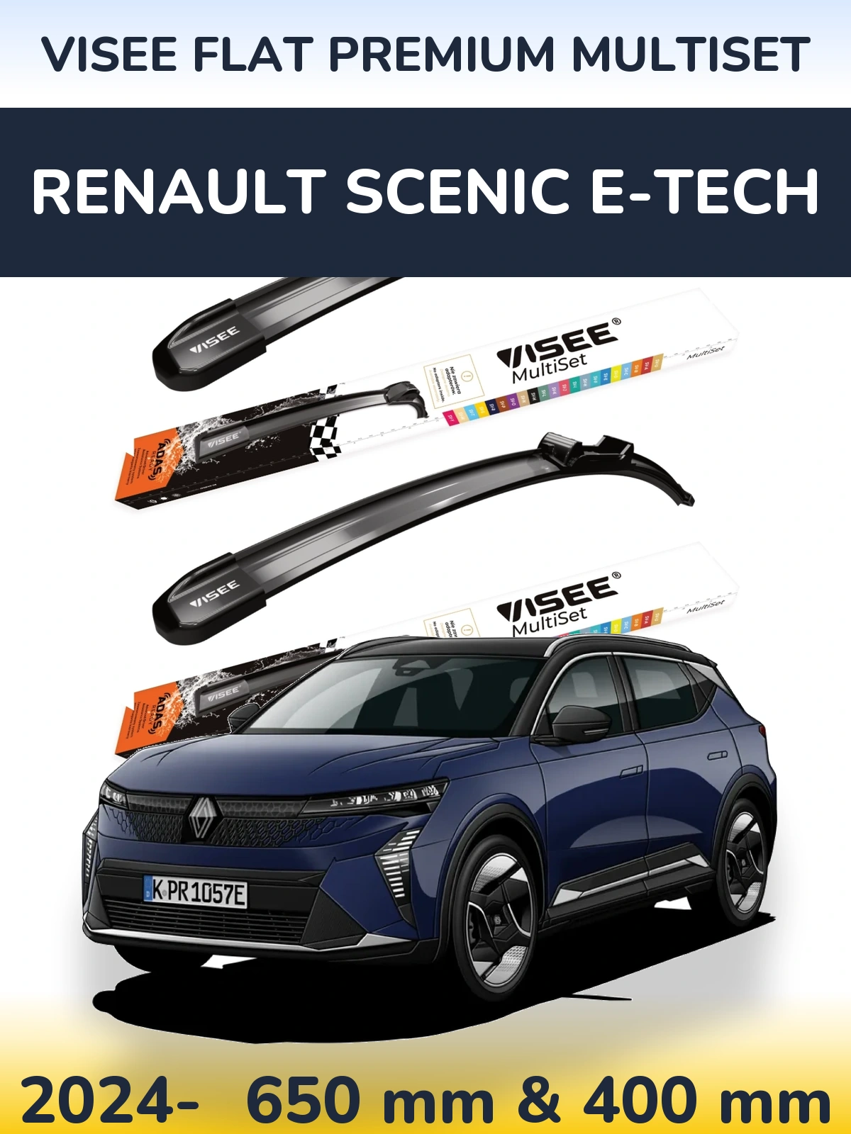 Комплект передніх щіток VISEE FLAT PREMIUM MultiSet 650 & 400 мм для Renault Scenic E-Tech 2024-2026