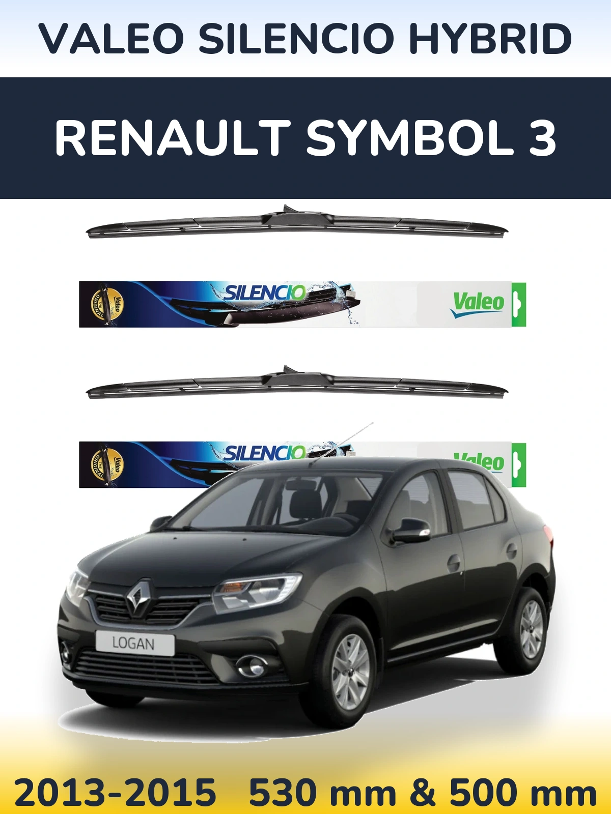Sada předních stěračů Valeo Silencio Hybrid 530 a 500 mm pro Renault Symbol 3 2013-2015
