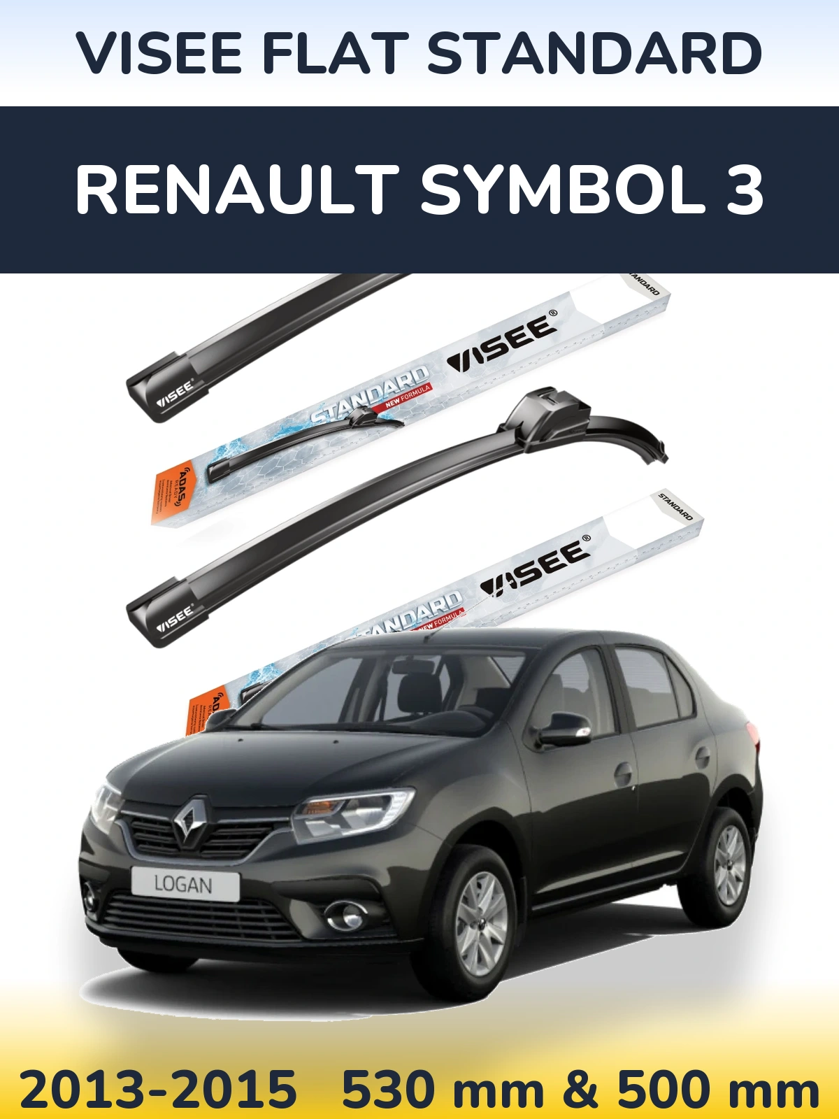 Sada předních stěračů VISEE FLAT STANDARD 530 a 500 mm pro Renault Symbol 3 2013-2015