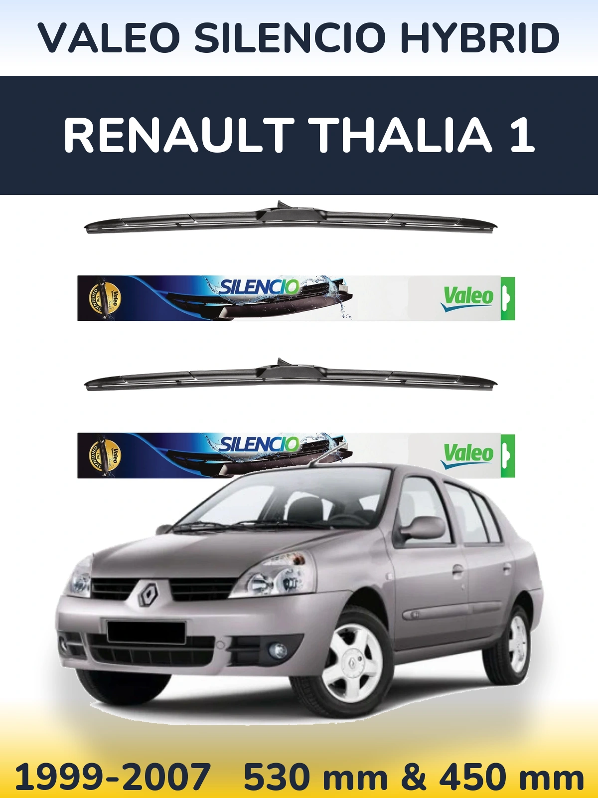 Sada předních stěračů Valeo Silencio Hybrid 530 a 450 mm pro Renault Thalia 1 1999-2007