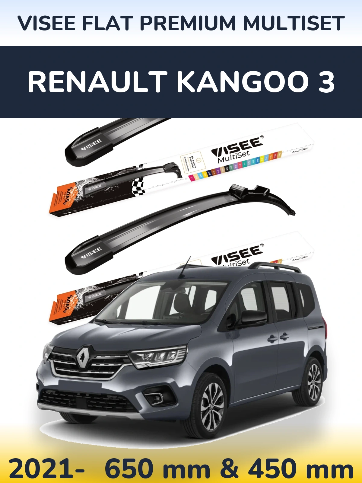 Sada předních stěračů VISEE FLAT PREMIUM MultiSet 650 a 450 mm pro Renault Kangoo 3 2021-2026